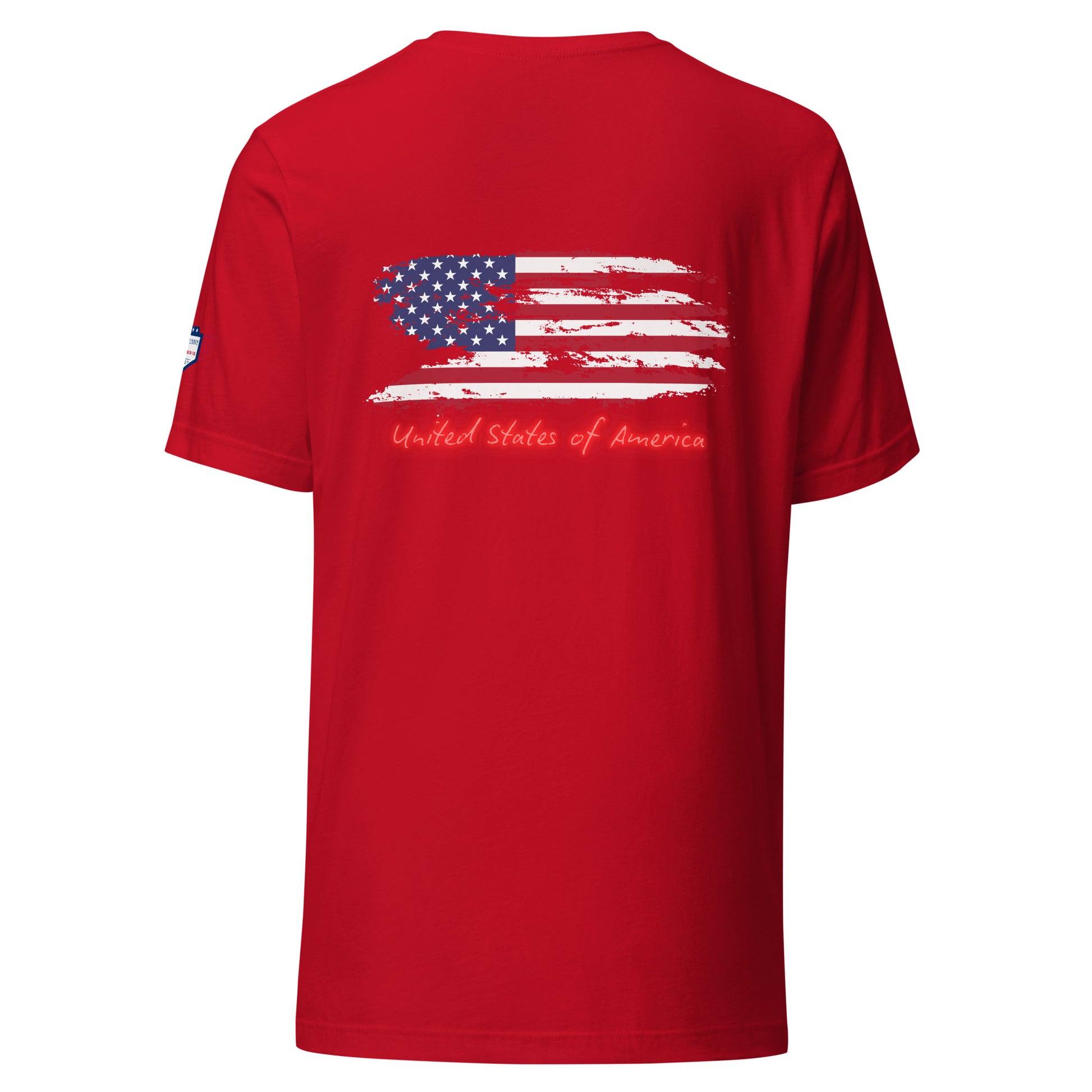 Back view of red unisex t-shirt with weathered American flag print and glowing red "United States of America"
