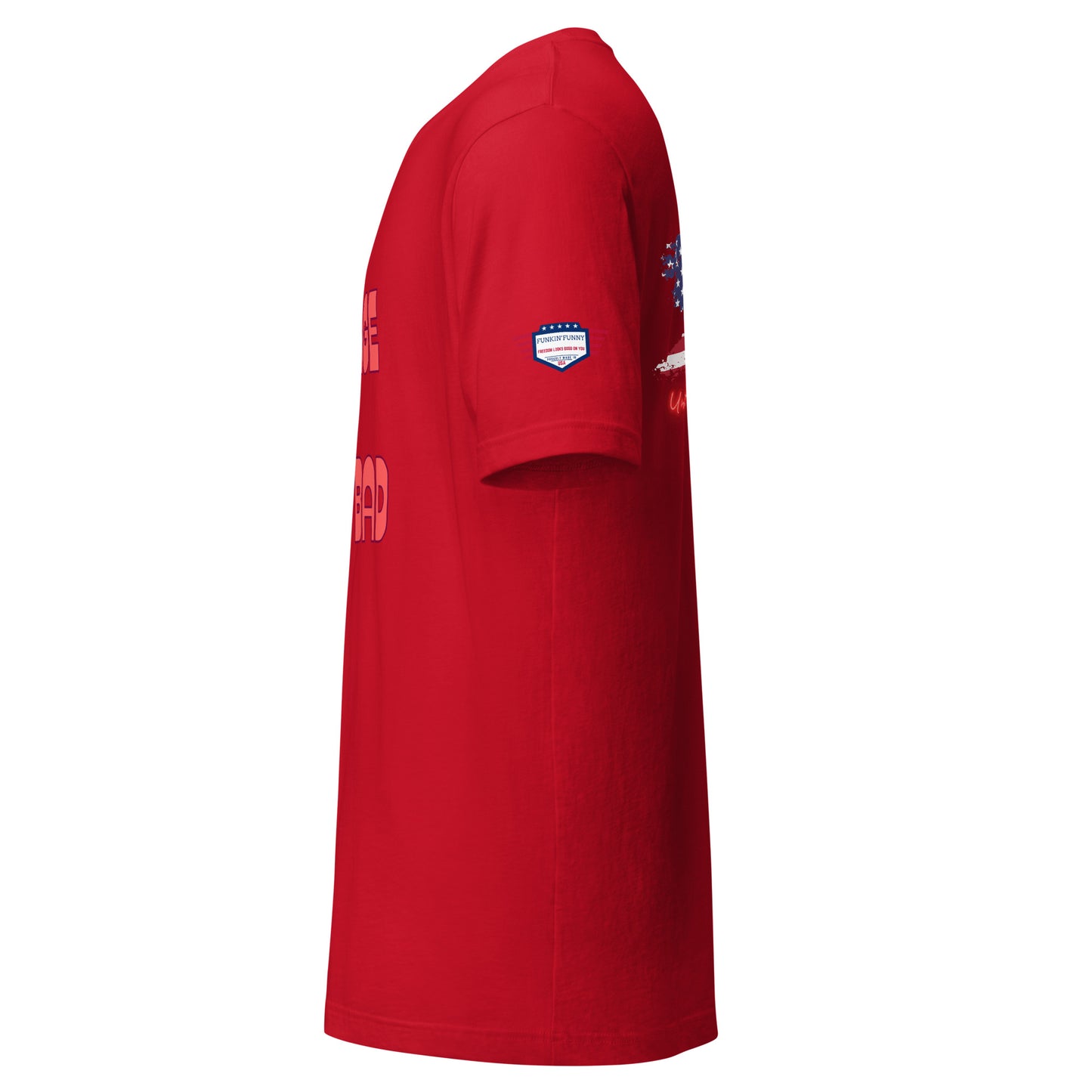 Right side view of red "Orange Man Bad" t-shirt revealing partial pink print and sleeve flag detail