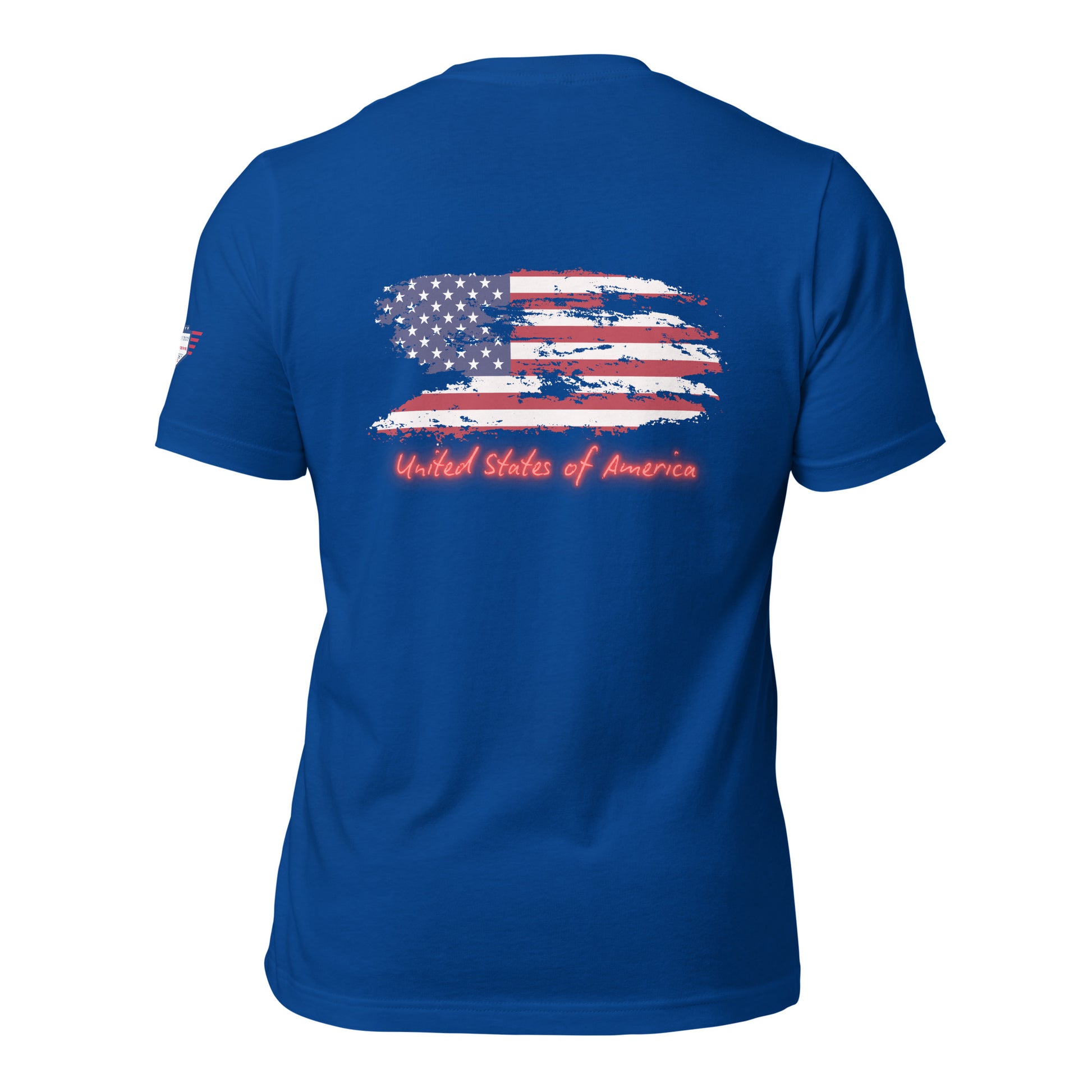 True Royal t-shirt back: distressed stars-and-stripes flag with "United States of America"