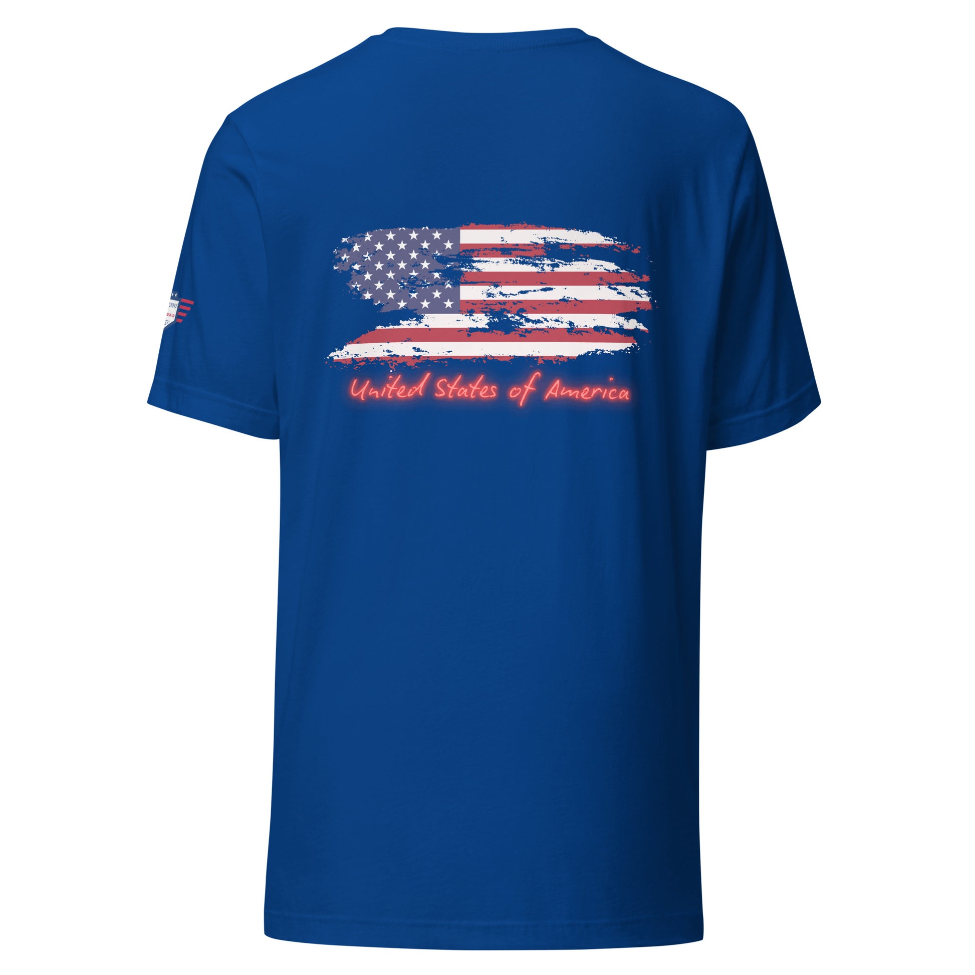 Back view of true royal "Orange Man Bad" unisex t-shirt featuring distressed US flag and red "United States of America"
