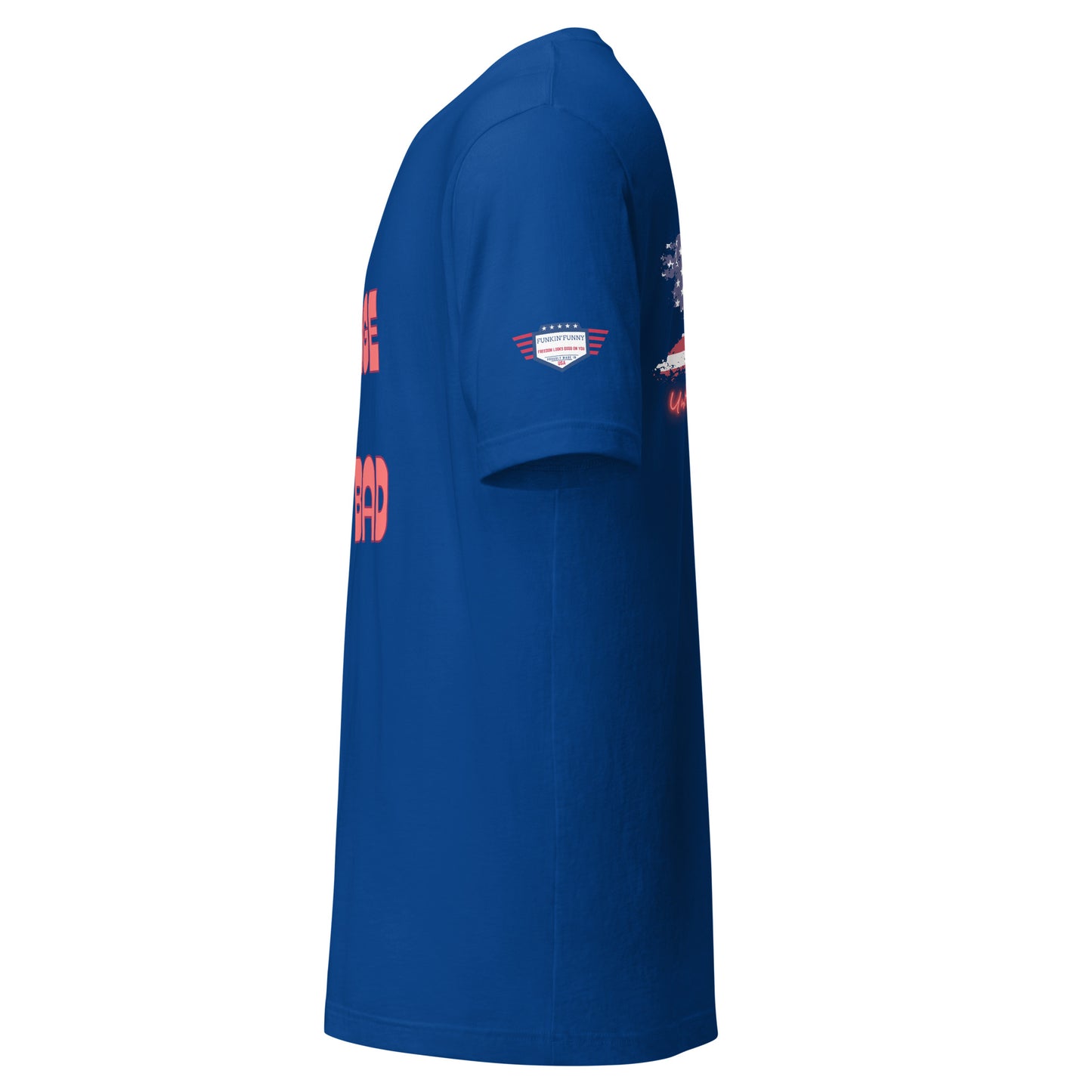 Side view of royal blue unisex t-shirt showing partial "ORANGE MAN BAD" in orange-red font and flag sleeve patch