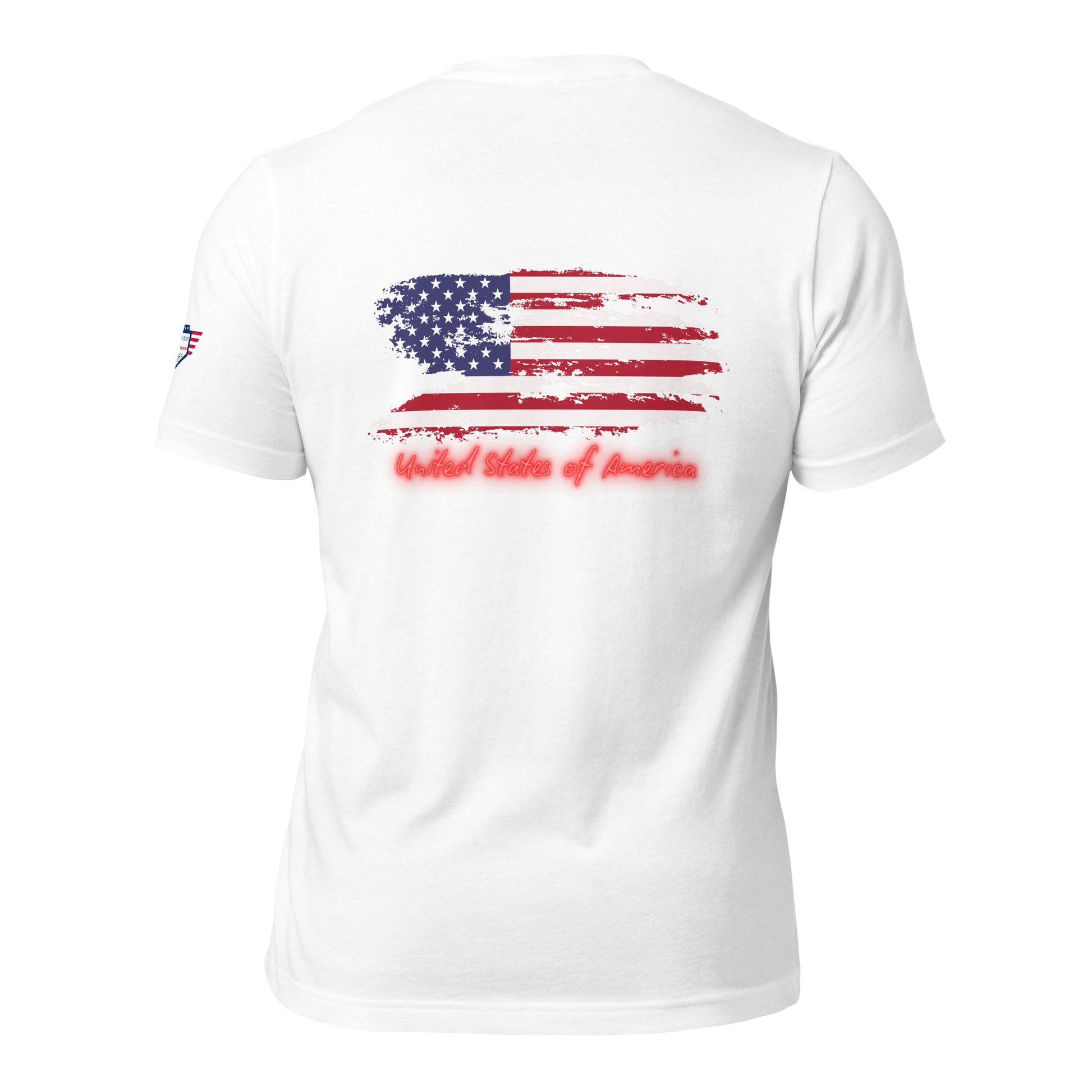 Back view of white "Orange Man Bad" unisex t-shirt with distressed American flag print and red-glow "United States of America"