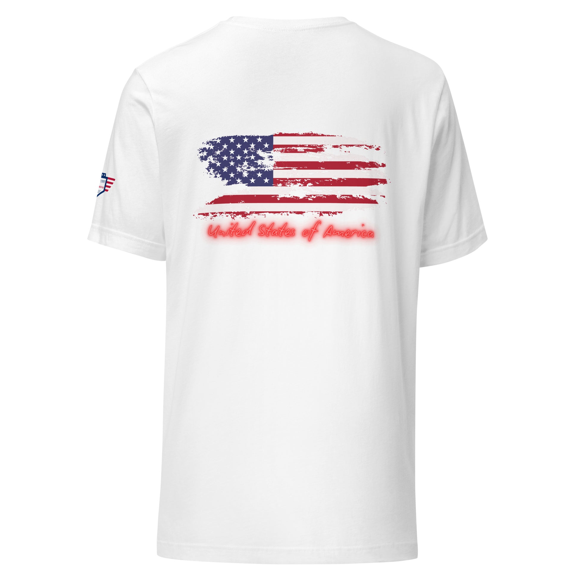 Back view of white unisex t-shirt featuring distressed American flag and red "United States of America"