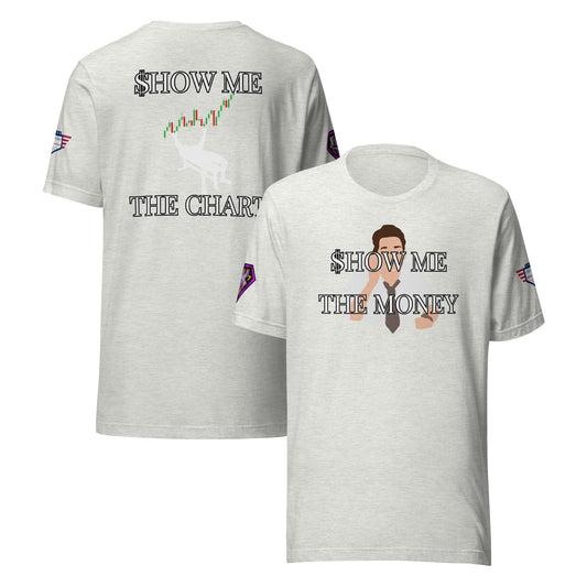 Front/back view of heather gray trading tee: "SHOW ME THE CHART" with candlestick jumper on back, suited guy yelling "SHOW ME THE MONEY" on front, sleeve patches