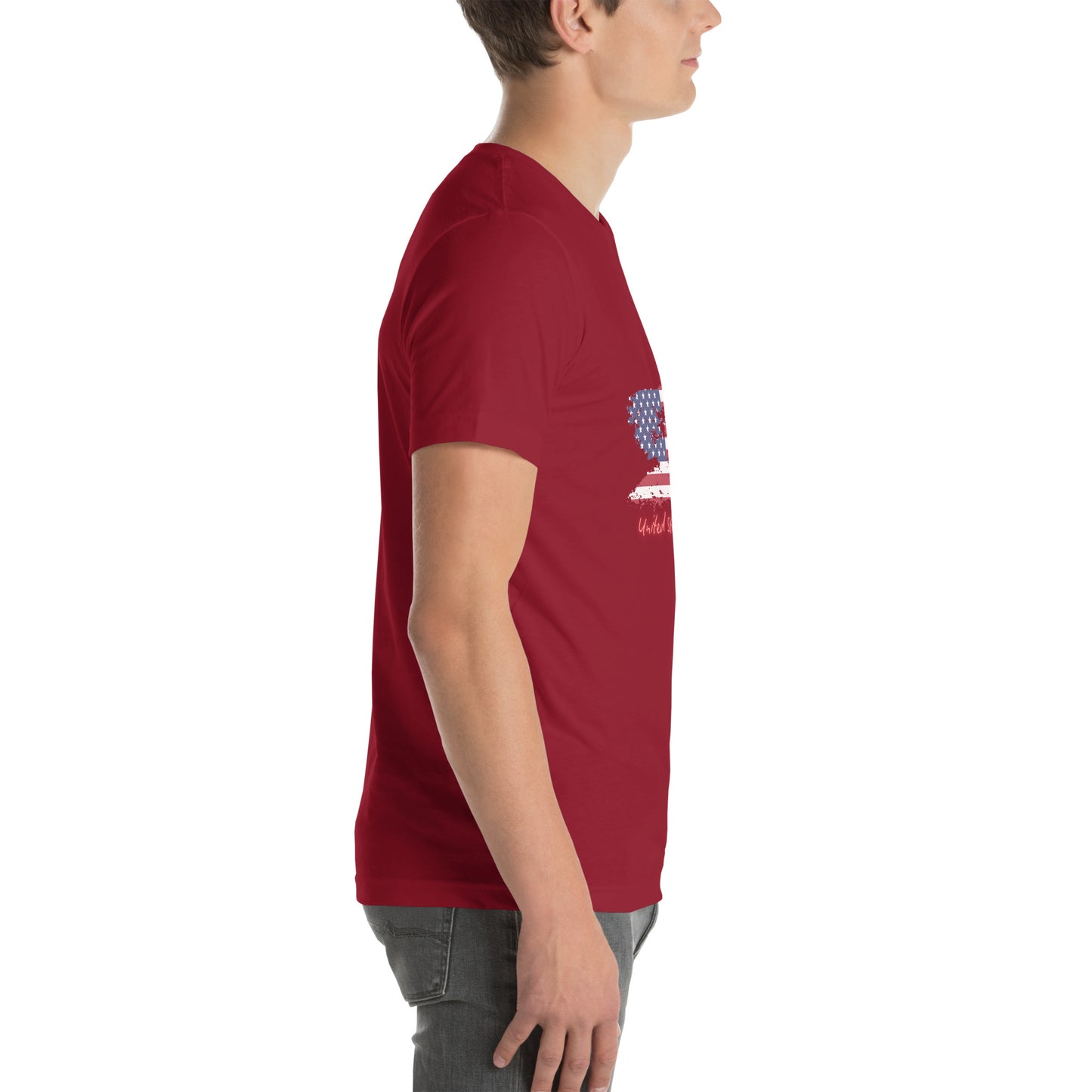 Side profile of guy in maroon-red USA tee, angled view of flag print and cursive text on chest