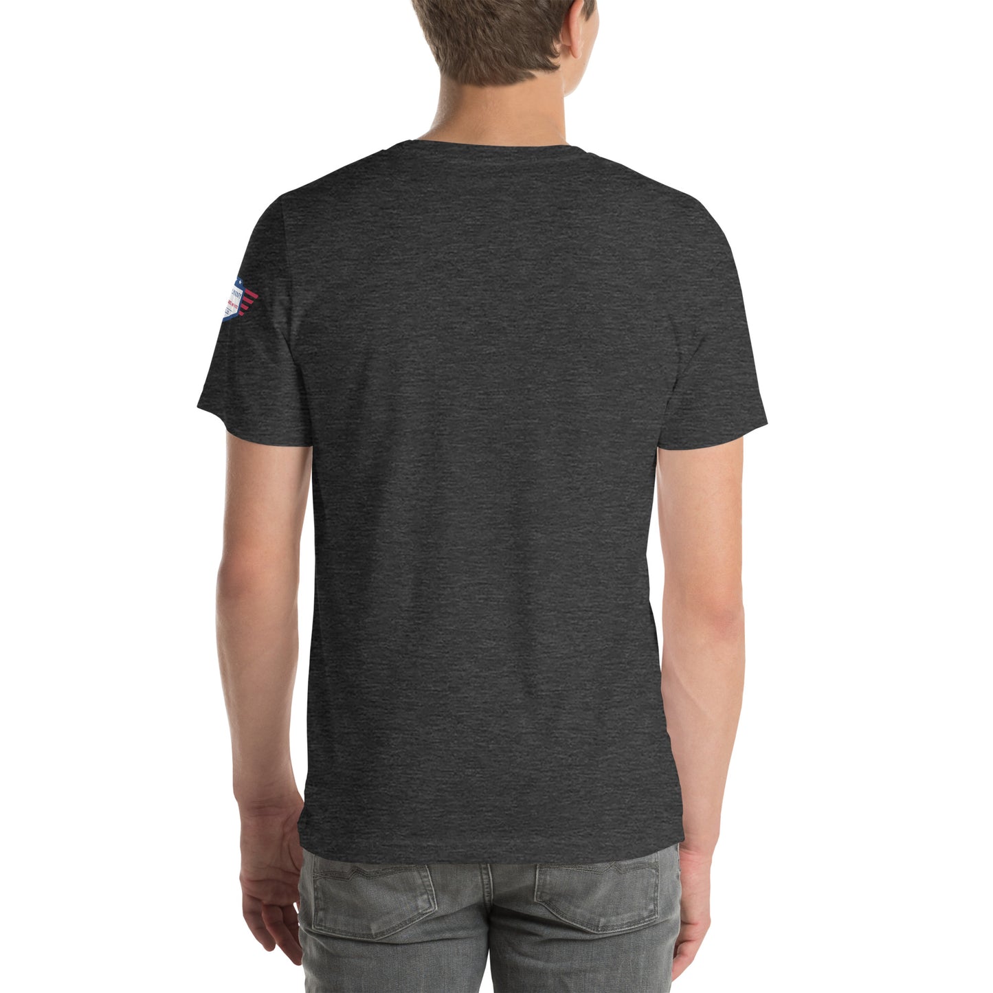 Back view of heather gray unisex USA t-shirt on model—plain with small flag emblem on sleeve
