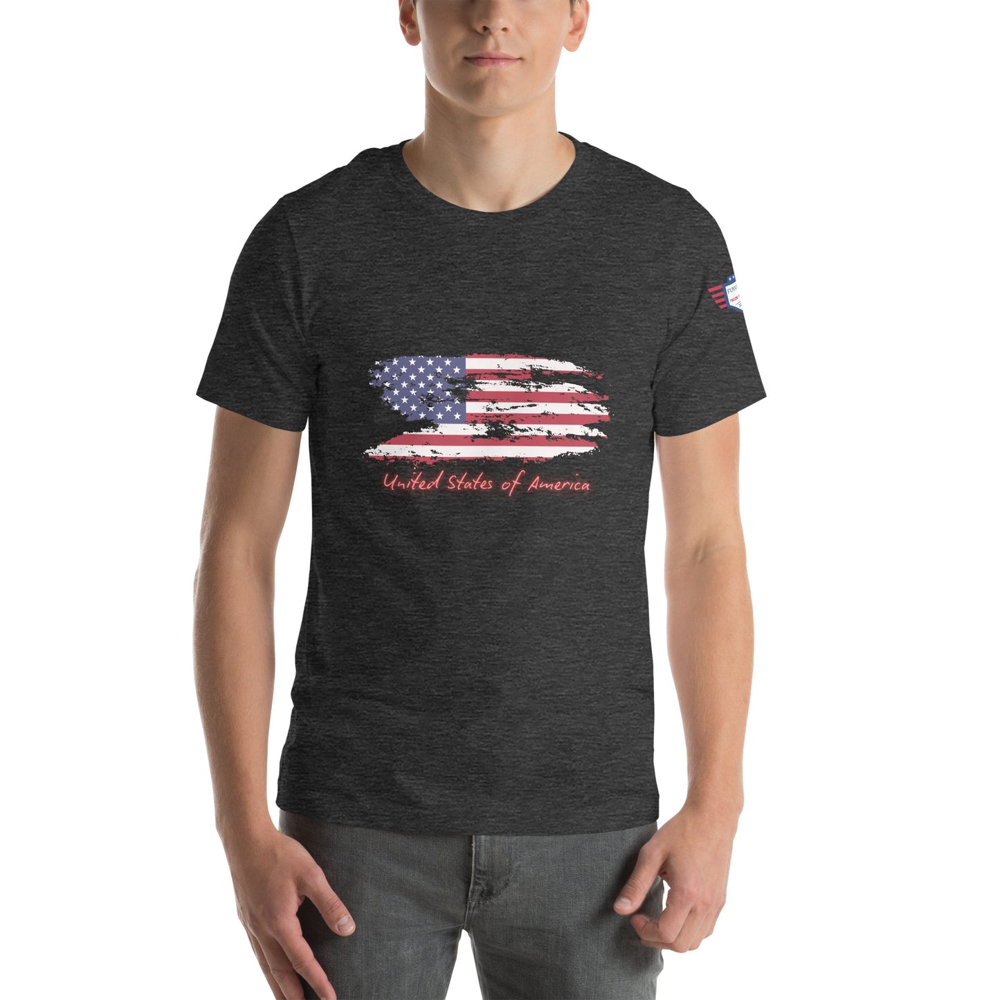 Front view on model: heather gray unisex tee with distressed American flag, red "United States of America" script, sleeve flag patch