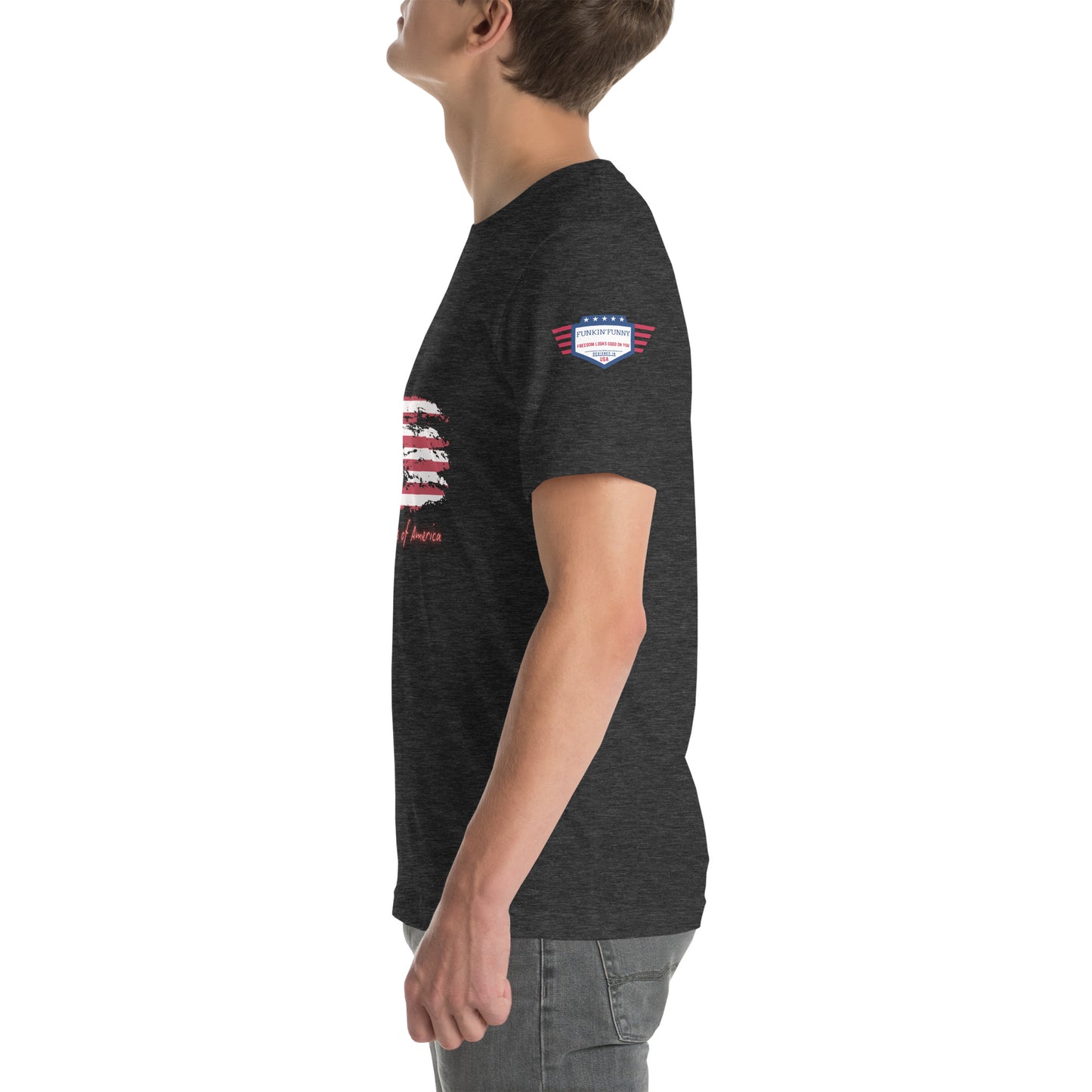 Right side view of model in heather gray unisex tee showing sleeve flag patch and edge of distressed USA design