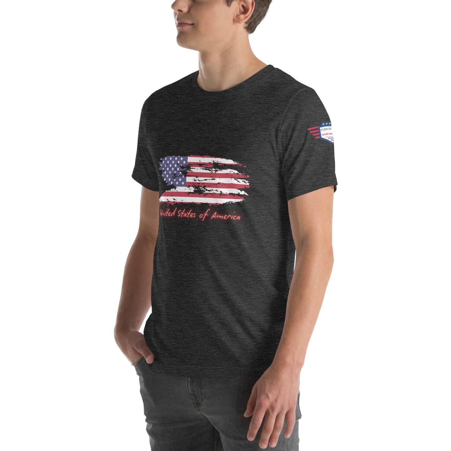 3/4 front-right view of heather gray unisex t-shirt on model, full distressed flag and "United States of America" visible