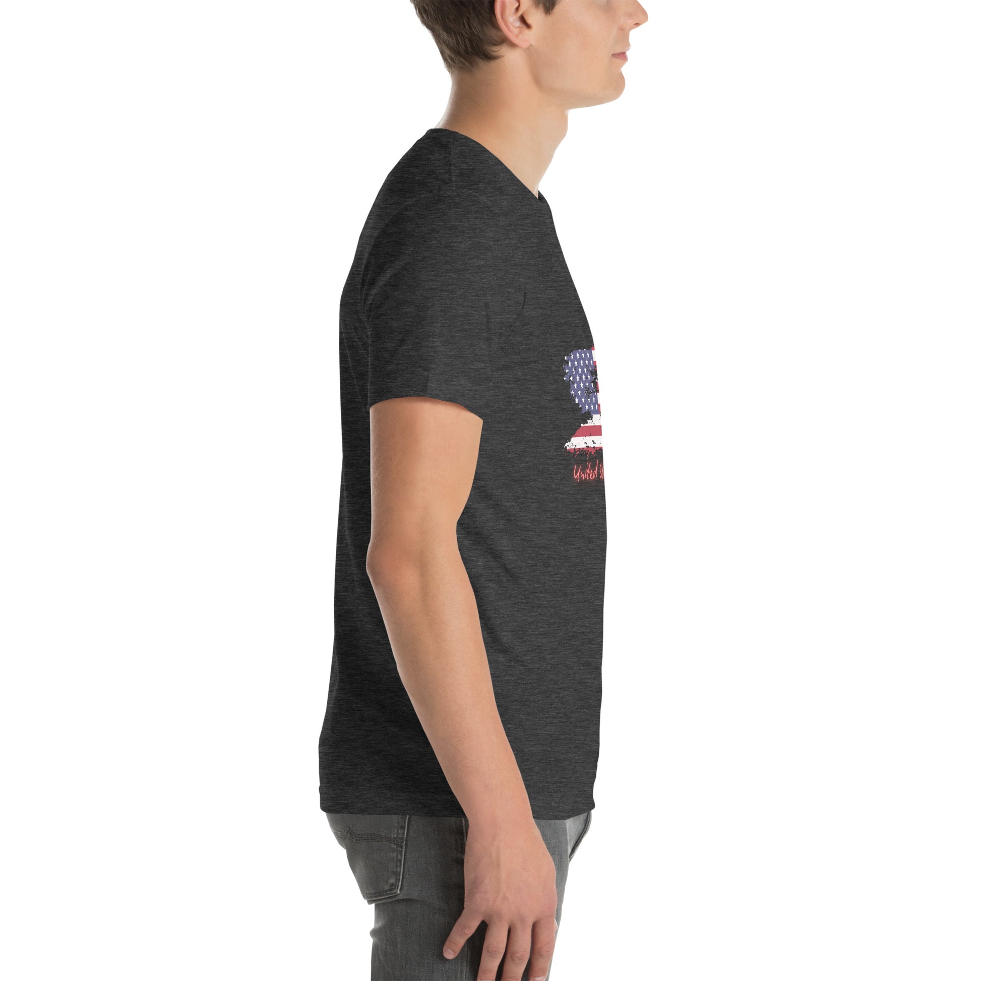 Left profile of model in heather gray USA unisex tee, partial distressed flag peeking from side