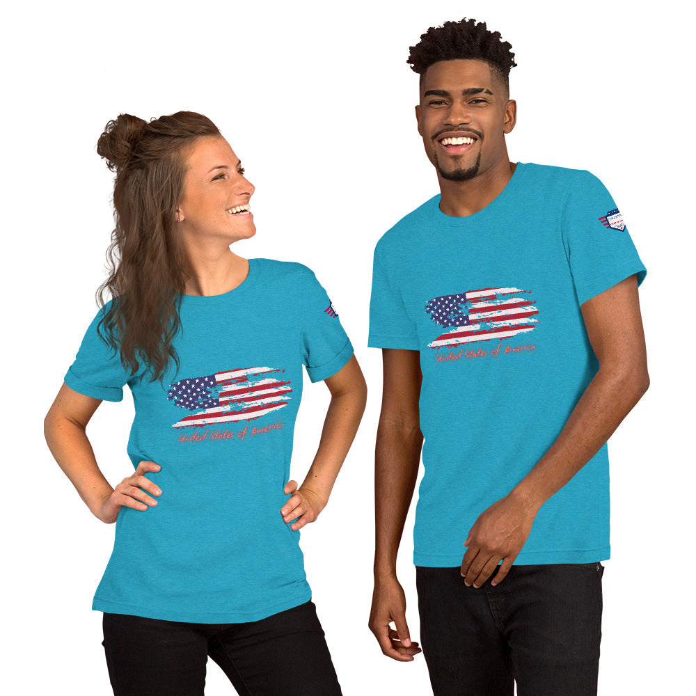 Grinning duo in royal blue USA tees, front distressed flag splash, "United States of America" script, sleeve patch