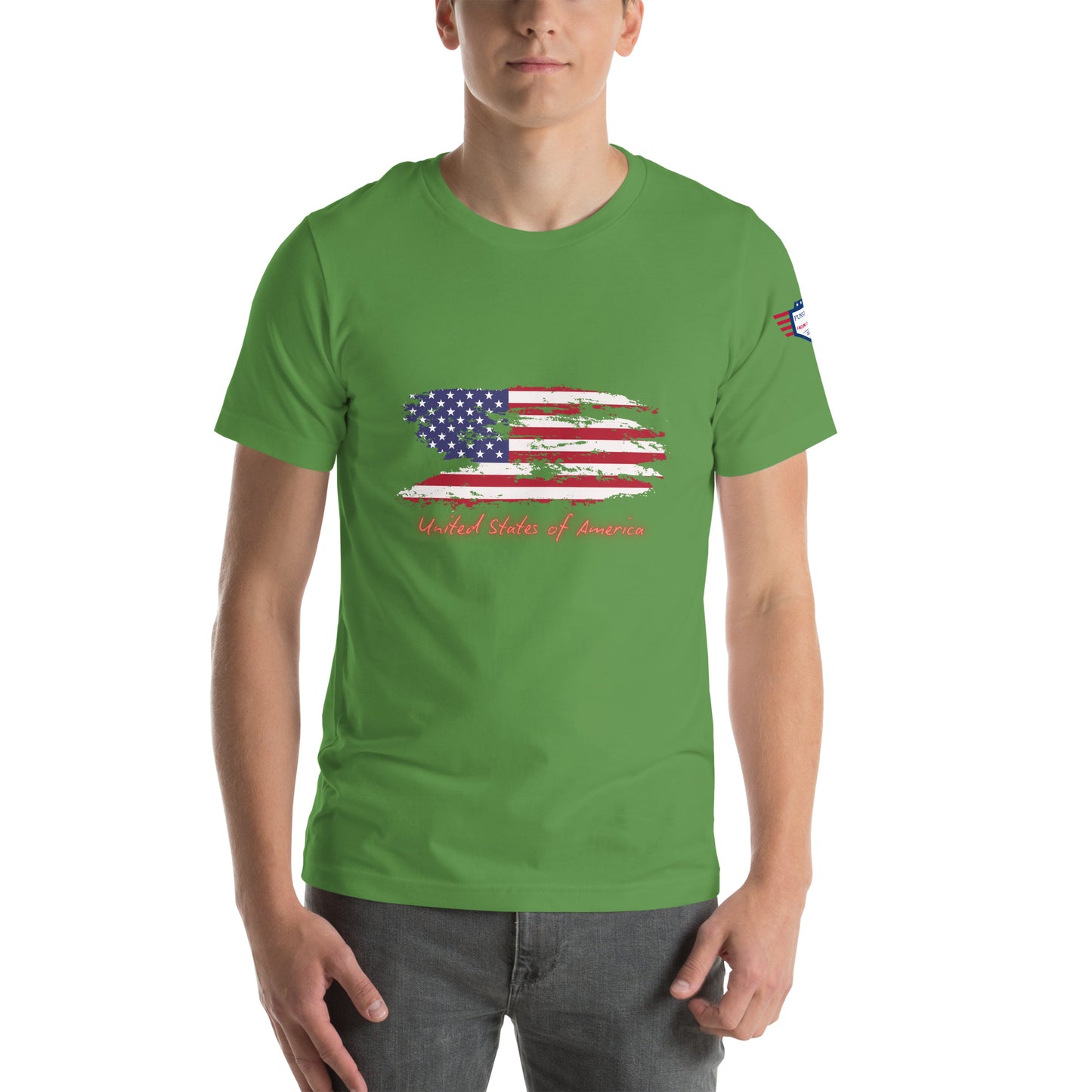 Front view of model in green unisex t-shirt showing full distressed American flag design and "United States of America" text