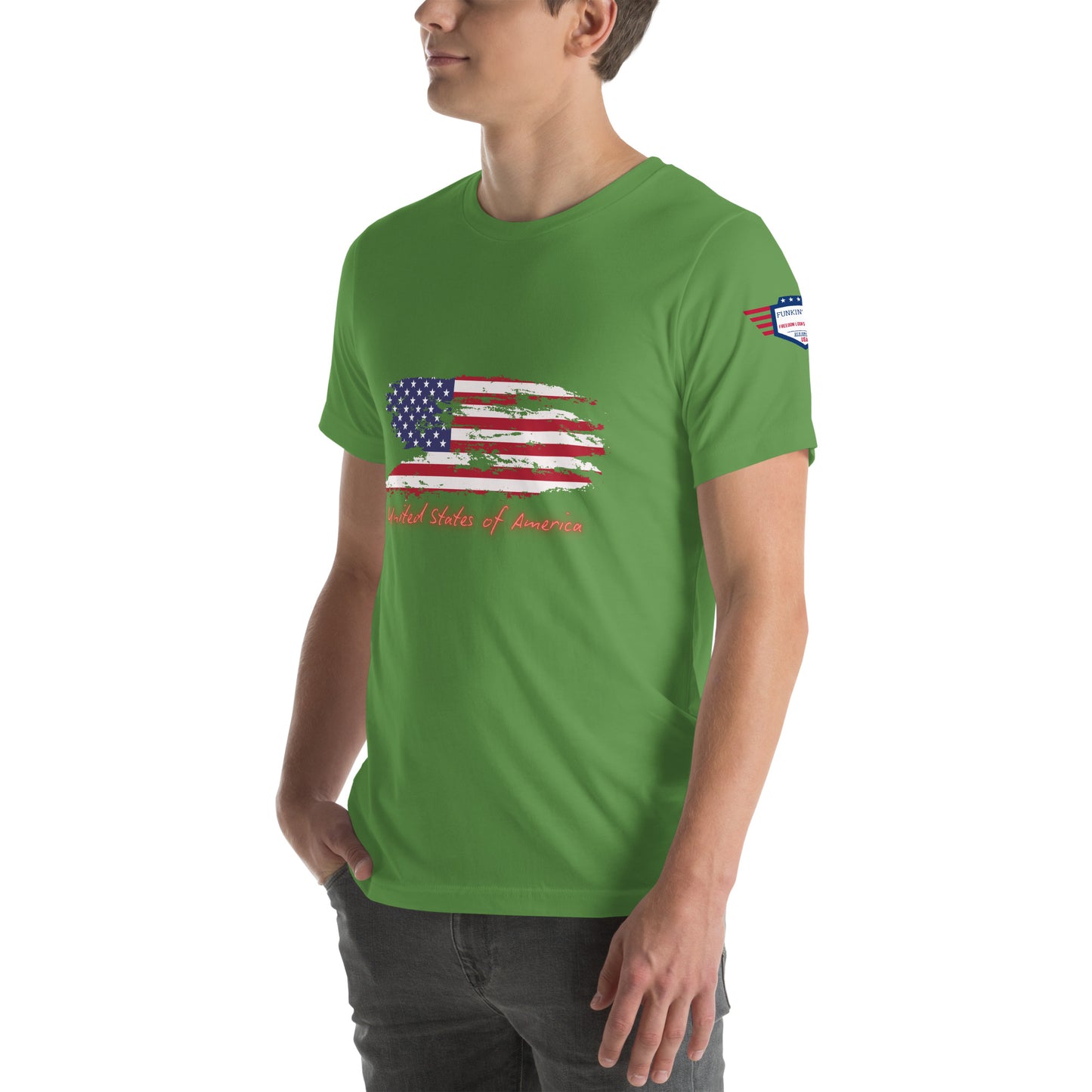 3/4 side view of model rocking green USA flag tee with partial distressed design visible
