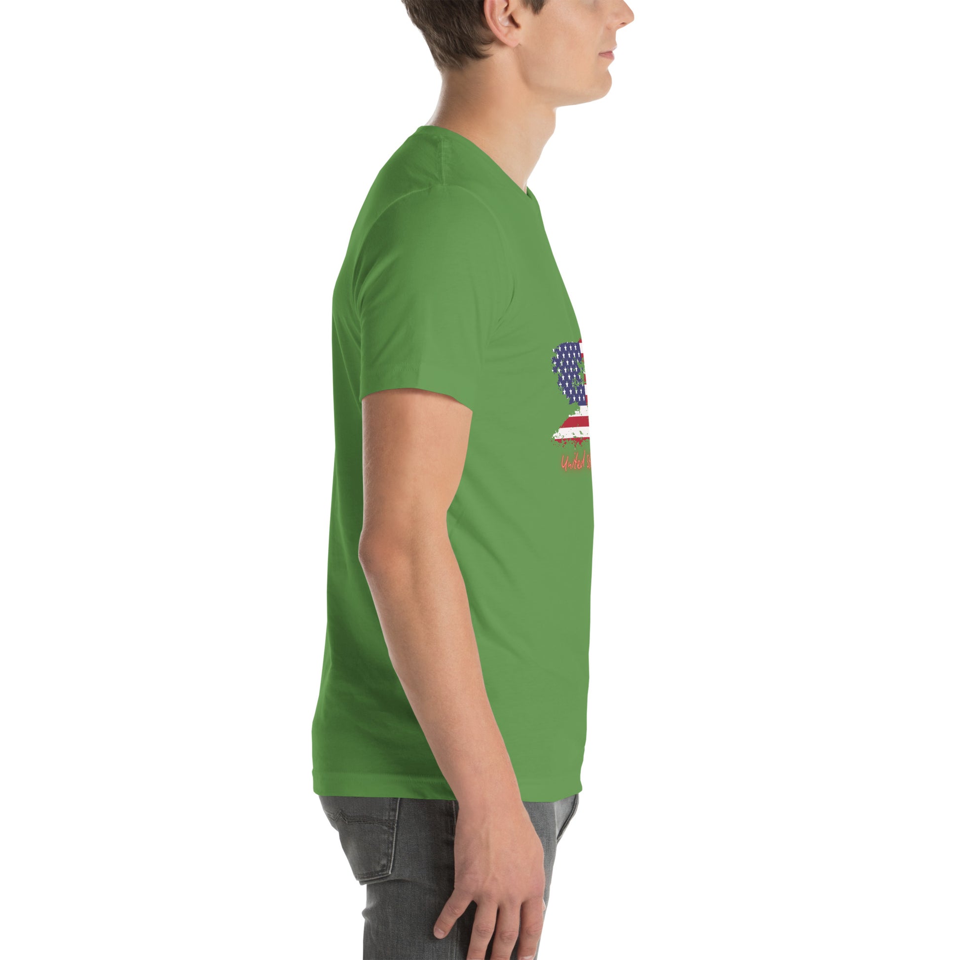 Model in 3/4 front left pose on green unisex tee, flag splash and script popping