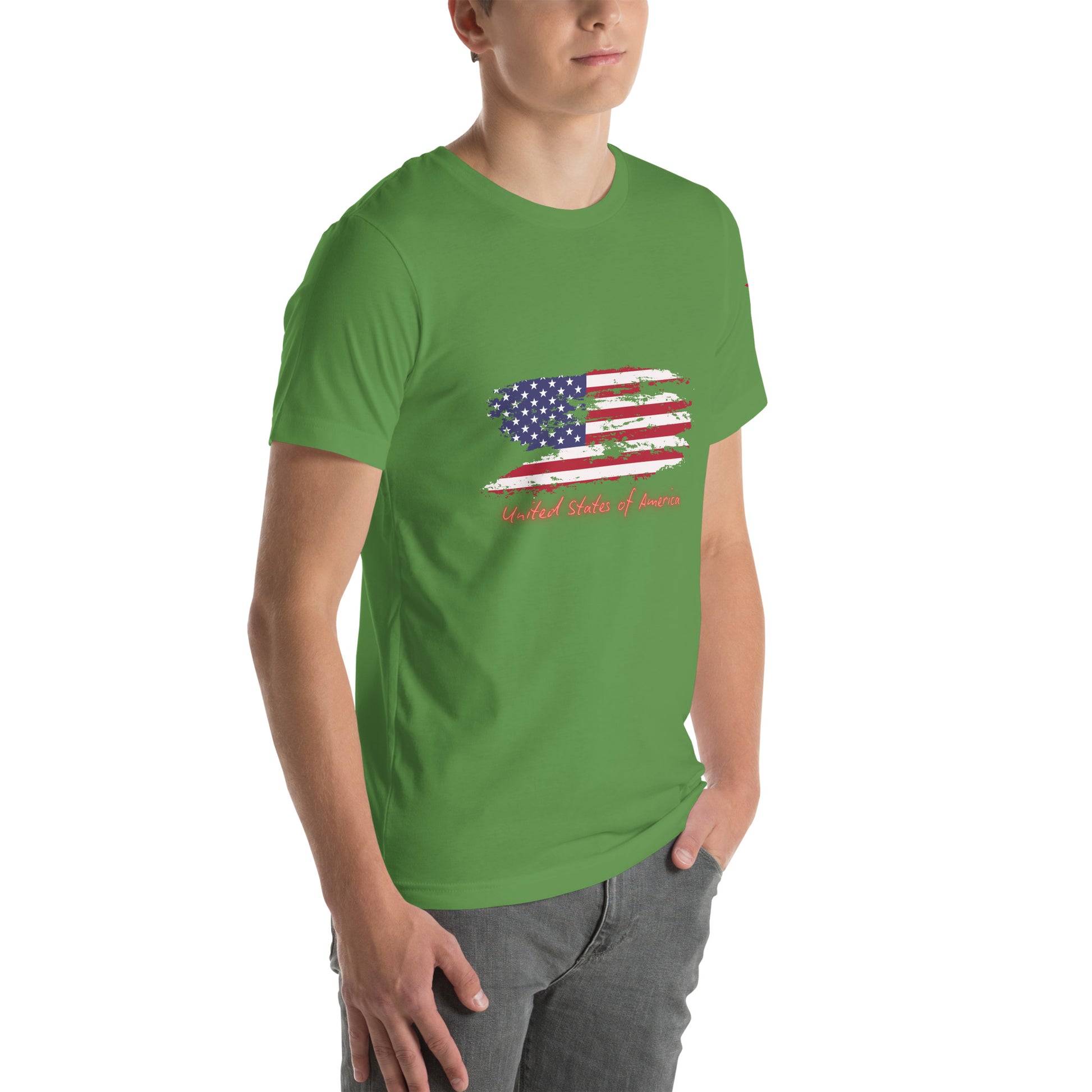 Front view model sporting royal blue unisex tee with bold distressed USA flag and text