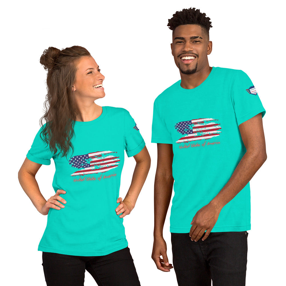 Smiling couple in teal tees rocking distressed American flag print, red "United States of America" text, arm shield