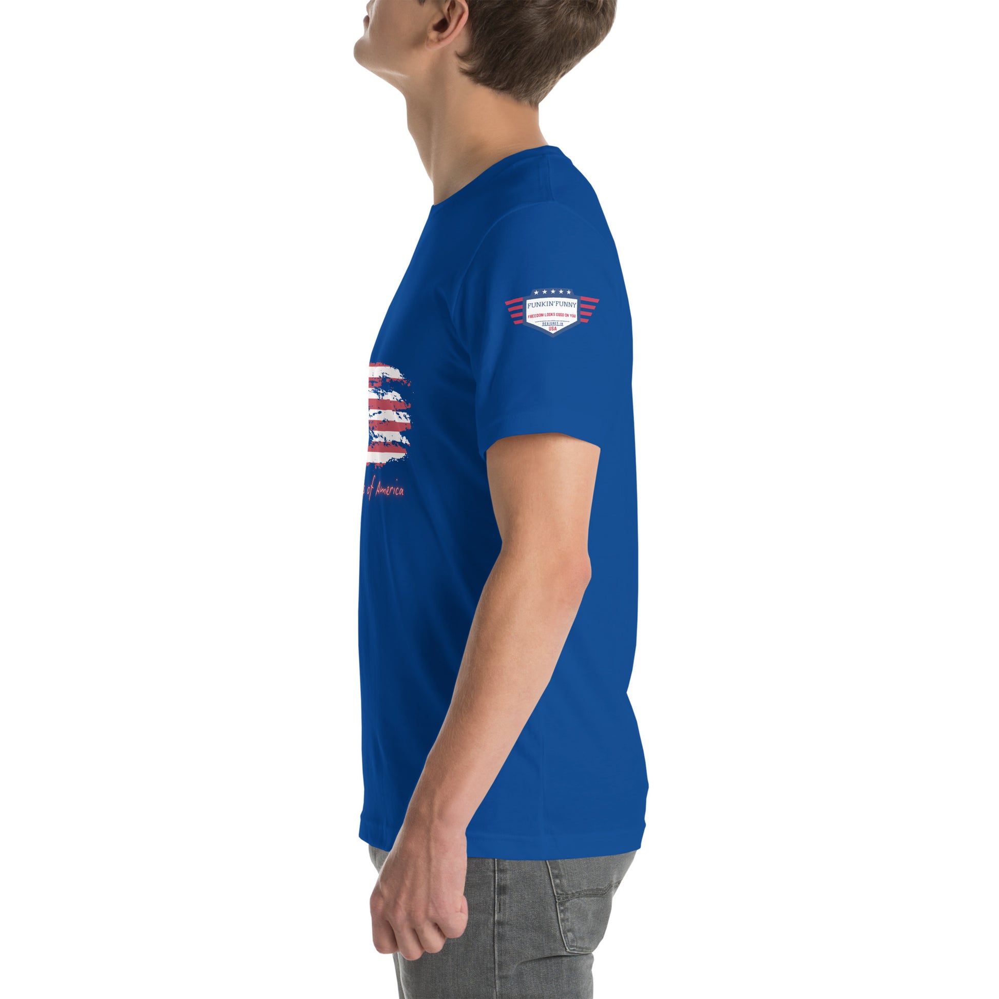3/4 right side view of royal blue USA tee on model, flag design peeking through