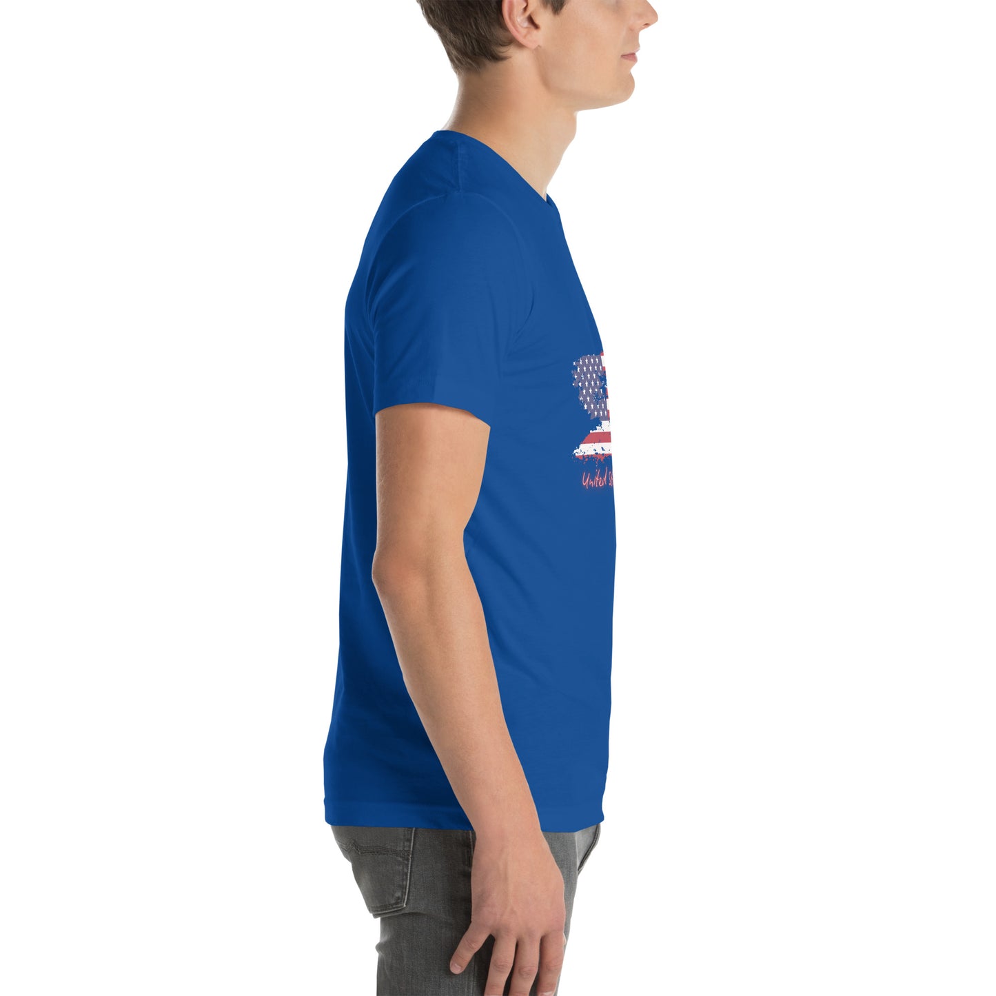 Model's 3/4 front view in royal blue tee flaunting distressed flag and "United States of America" script