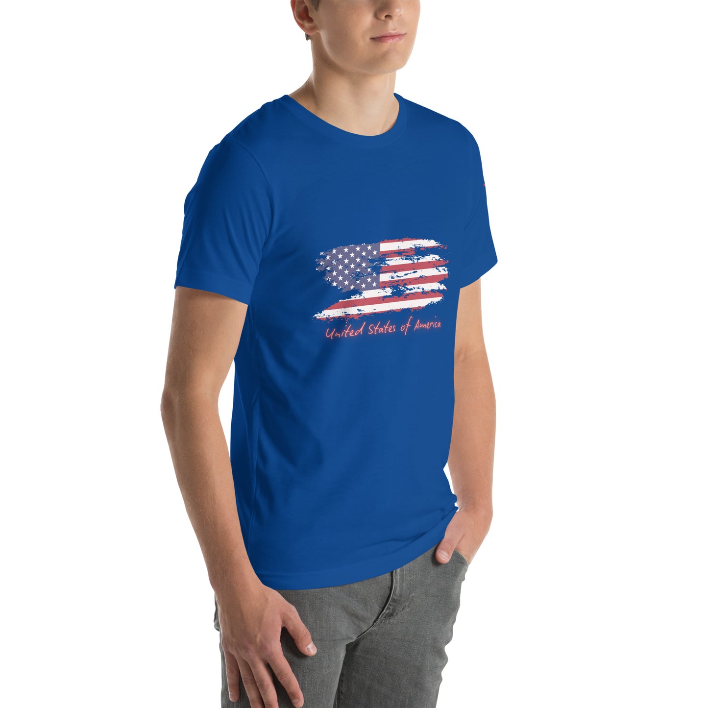 Side-rear view of model in royal blue unisex t-shirt with distressed USA flag graphic and red cursive "United States of America"