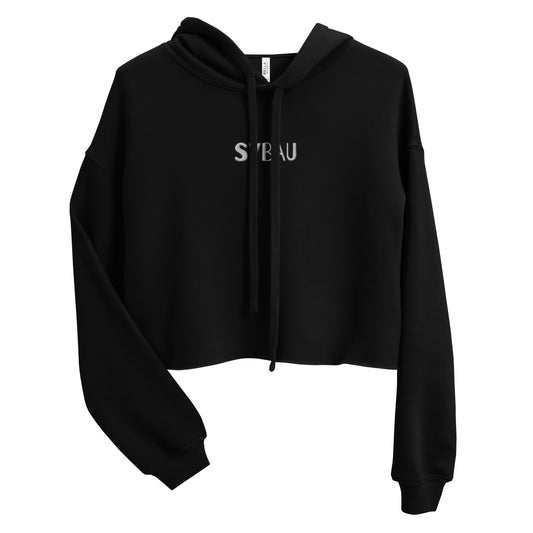 Front flat lay of black SYBAU crop hoodie, silver "SYBAU" embroidery centered on chest
