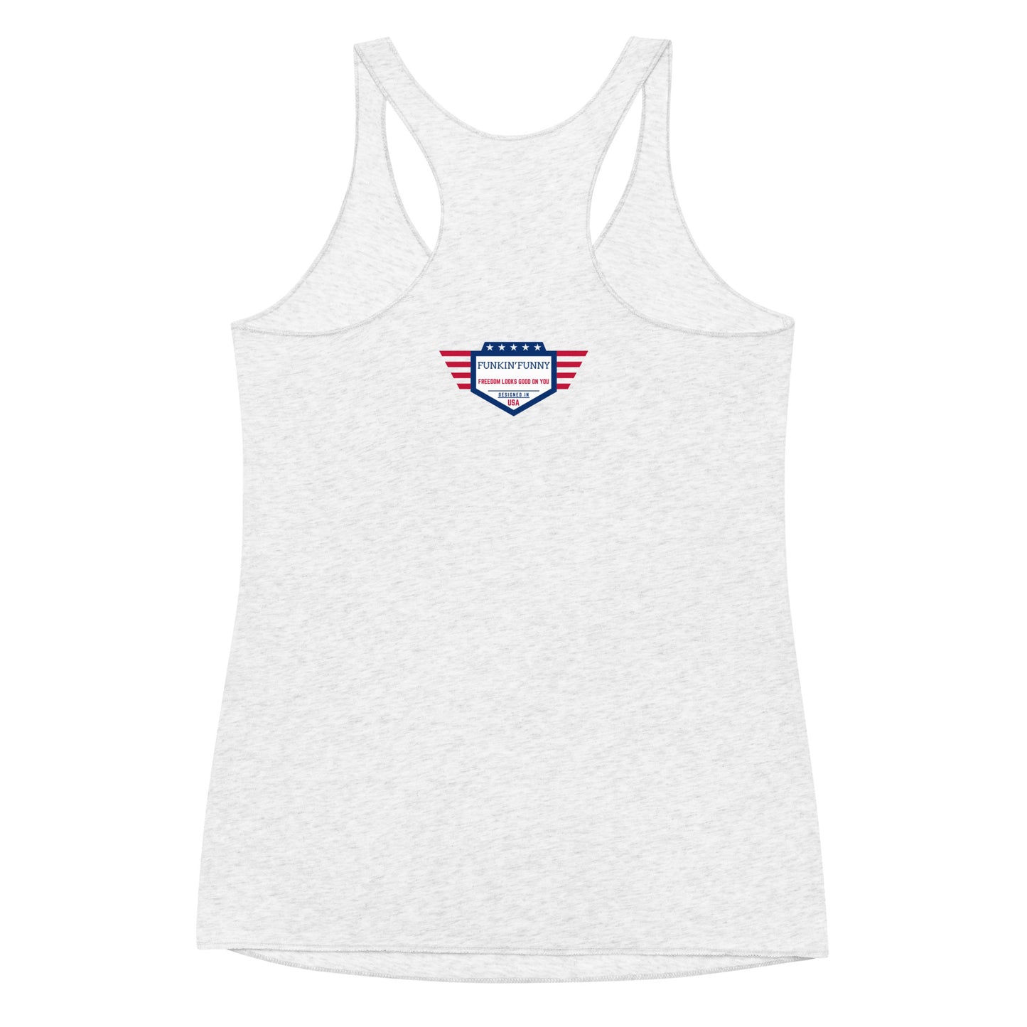 Back view of heather white racerback tank featuring small winged American shield emblem