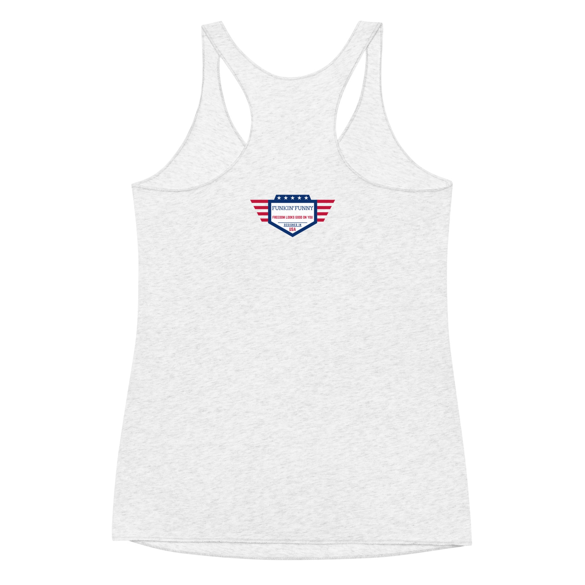 Back view of heather white racerback tank featuring small winged American shield emblem