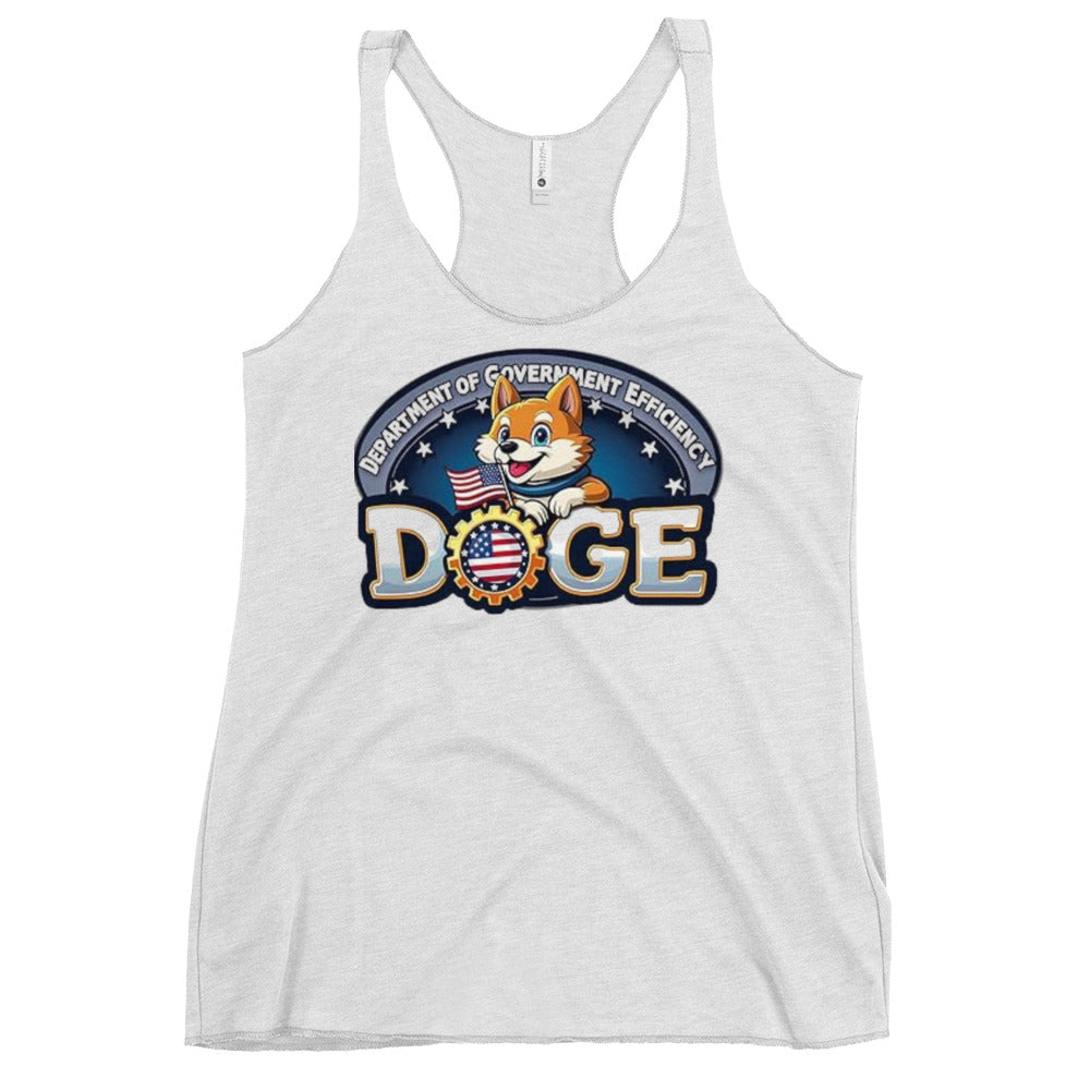 Front view of heather white DOGE women's racerback tank with Shiba Inu "Department of Government Efficiency" badge, stars, flag & bold DOGE gear emblem