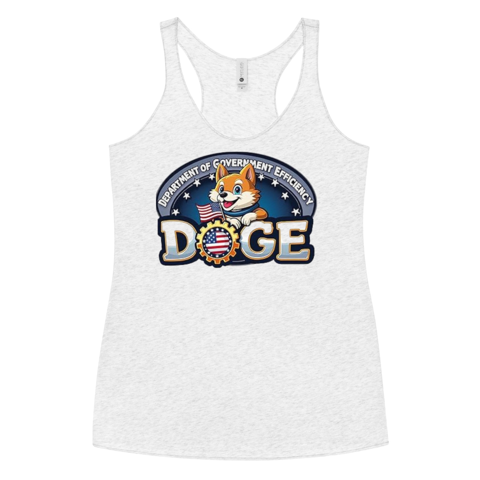 Front view of heather white DOGE racerback tank with Shiba Inu "Department of Government Efficiency" badge and bold DOGE gear print