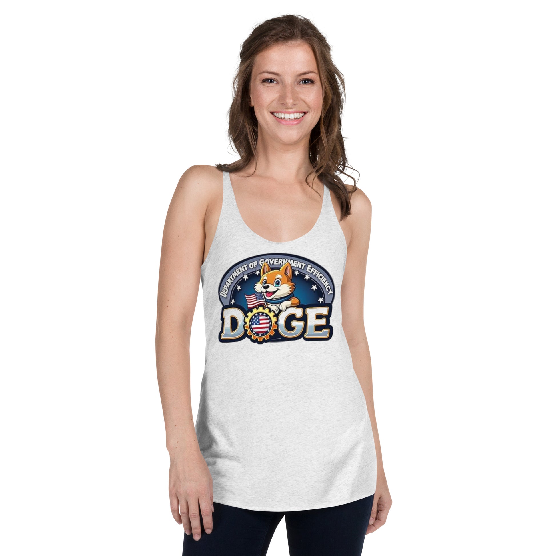 Brunette model smiling in heather white DOGE racerback tank, front view of Shiba Inu efficiency badge print
