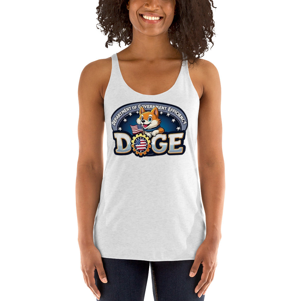 Curly-haired model grinning in heather white DOGE racerback tank, front patriotic Shiba Inu design