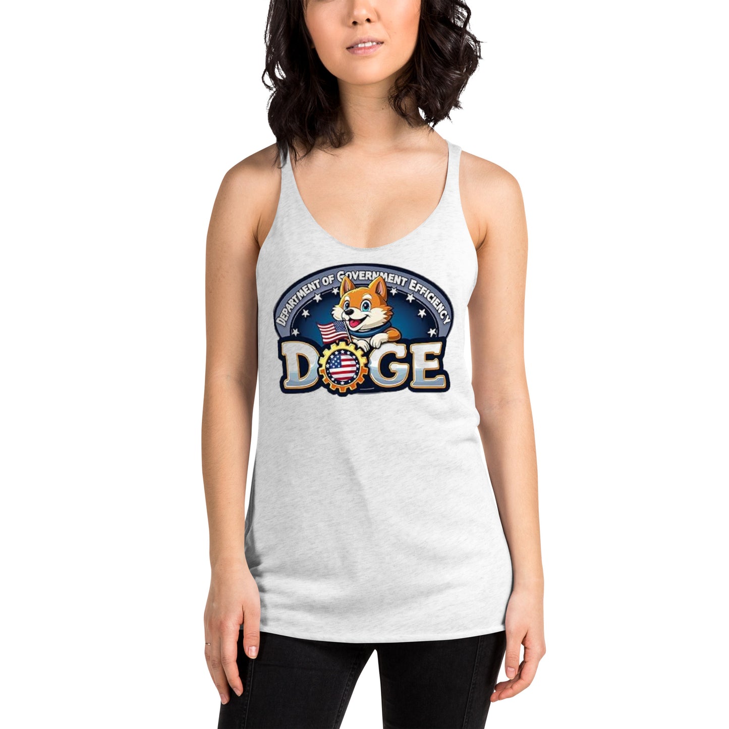 Dark-haired model posing in heather white DOGE racerback tank, front view of Shiba Inu DOGE emblem