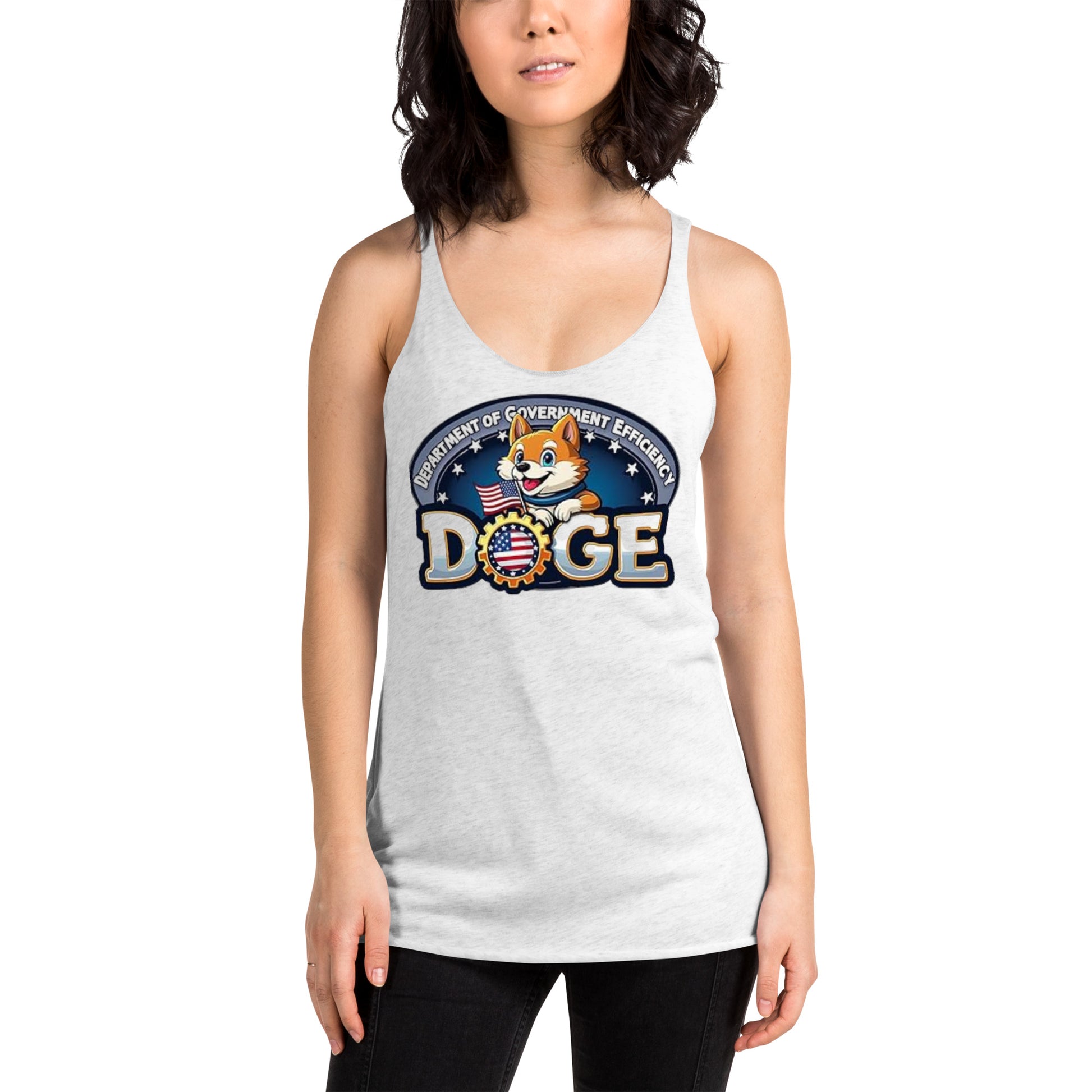 Dark-haired model posing in heather white DOGE racerback tank, front view of Shiba Inu DOGE emblem