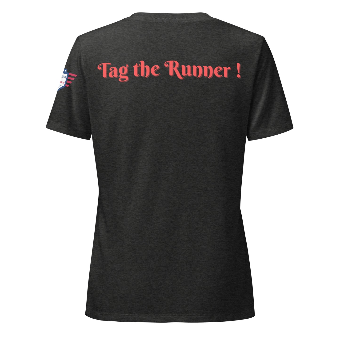 Back view of dark heather v-neck tee with cheeky red "Tag the Runner!" print and flag patch