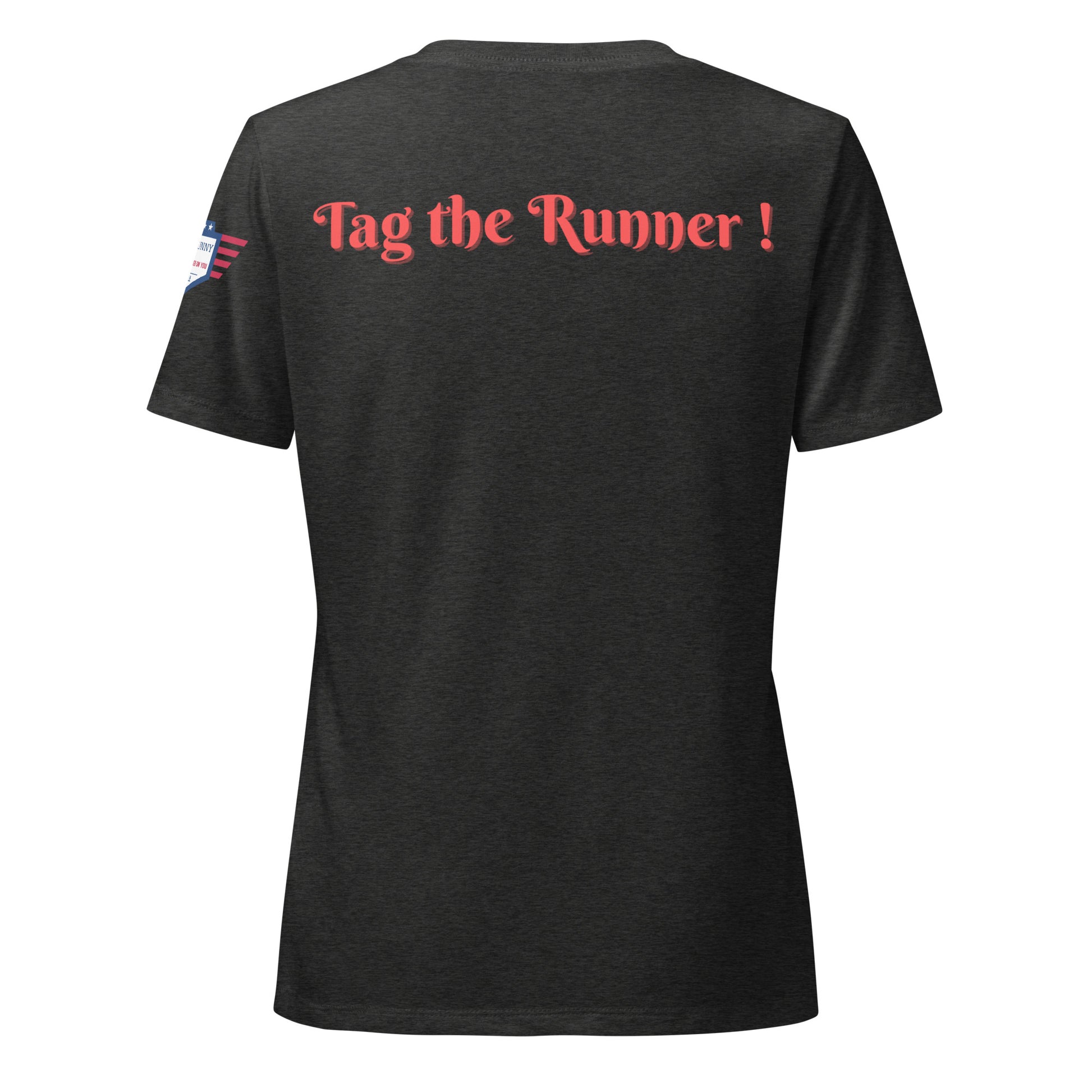 Back view of dark heather v-neck tee with cheeky red "Tag the Runner!" print and flag patch