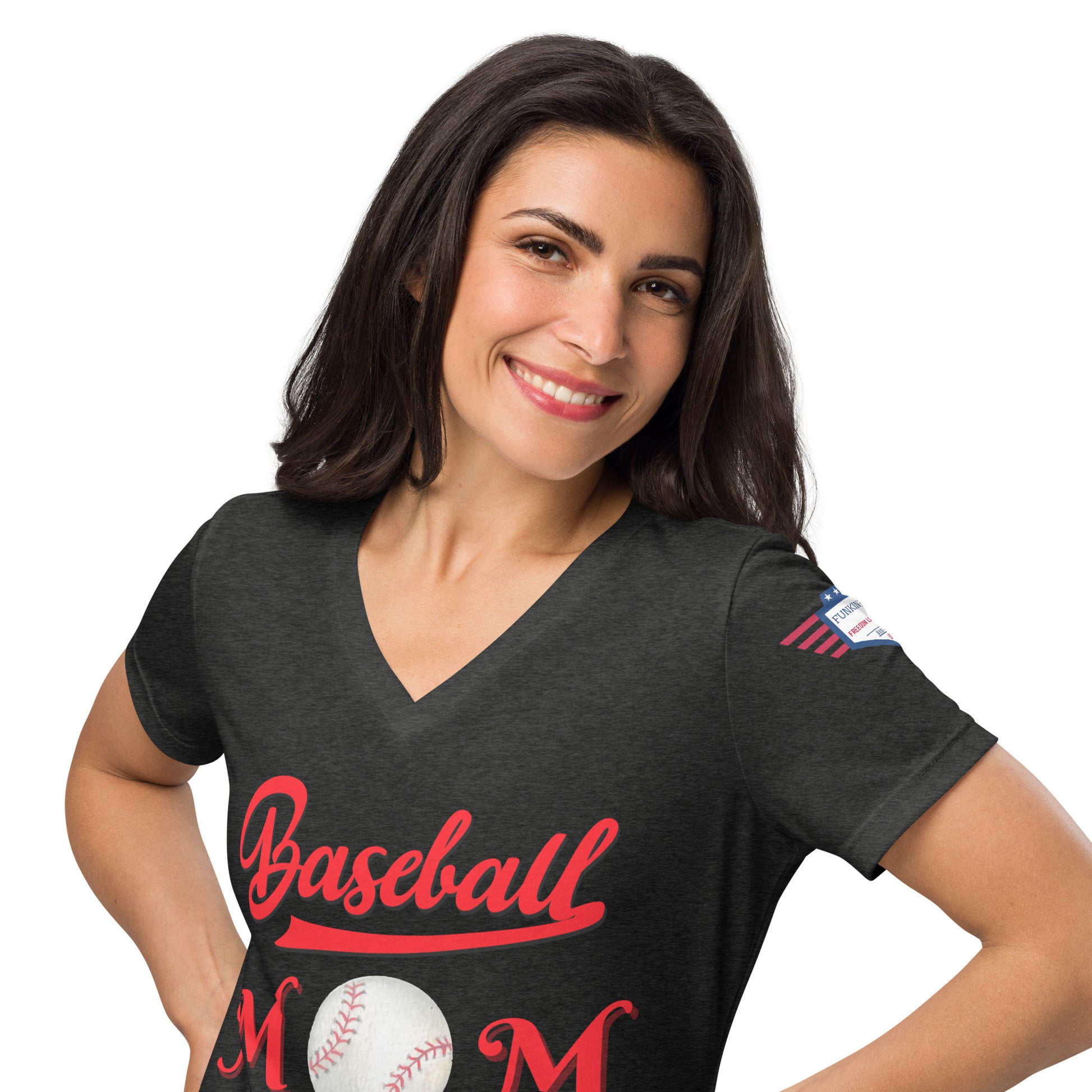 Woman modeling front-left view of dark gray v-neck Baseball Mom tee, red print and sleeve patch