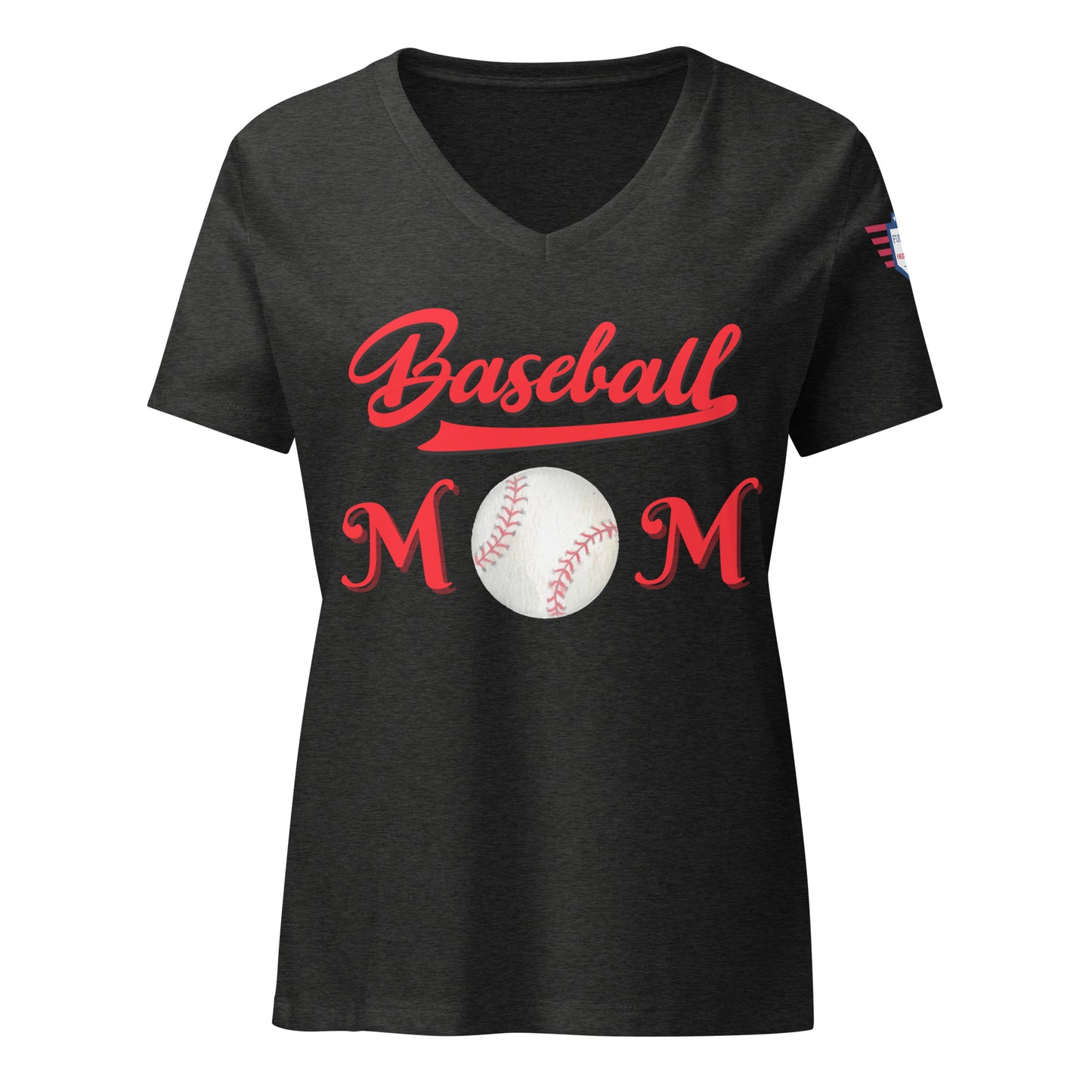 Front view of dark heather Baseball Mom v-neck t-shirt, bold red cursive print with white baseball graphics