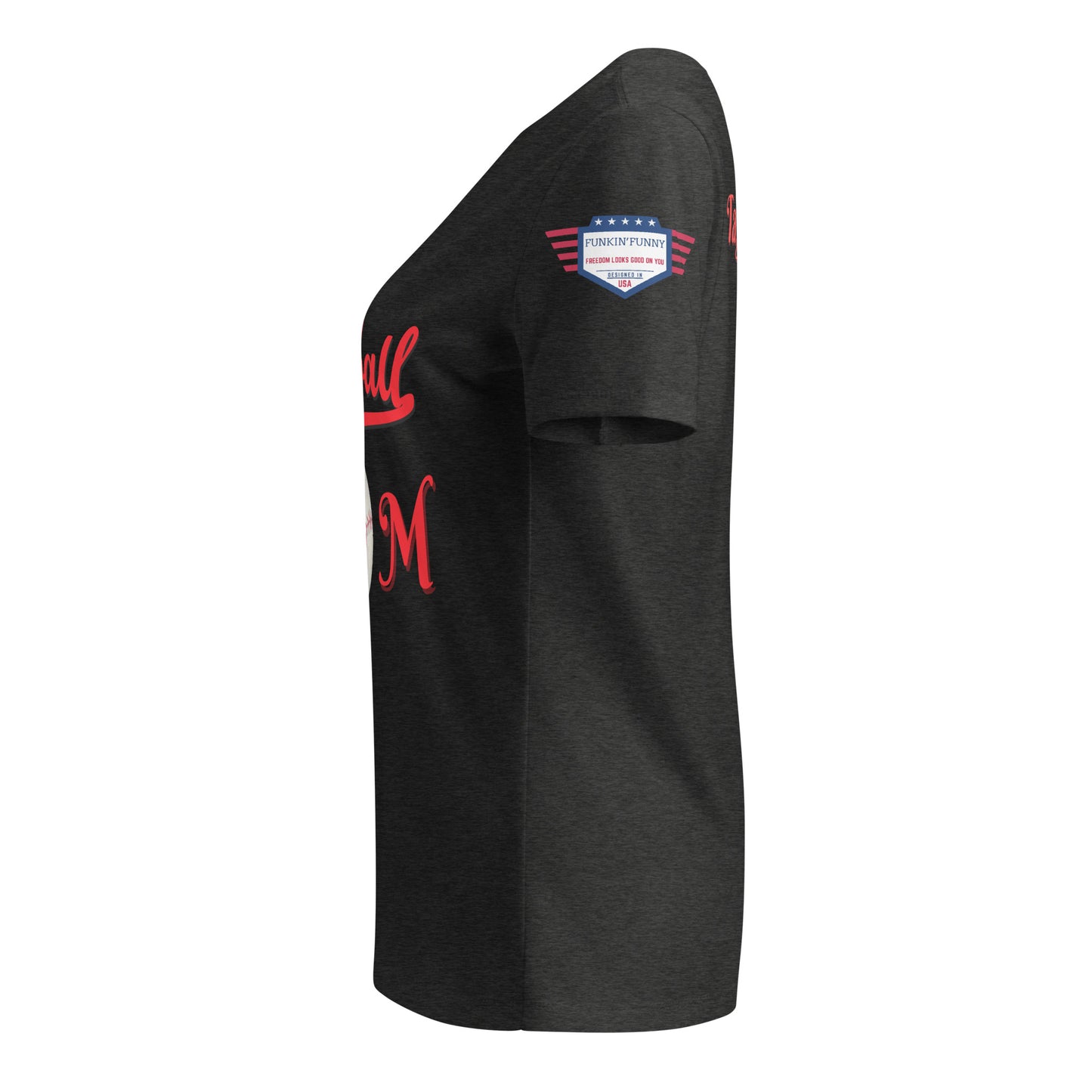Right side view of dark heather v-neck tee, USA flag sleeve patch and partial red "Baseball" script