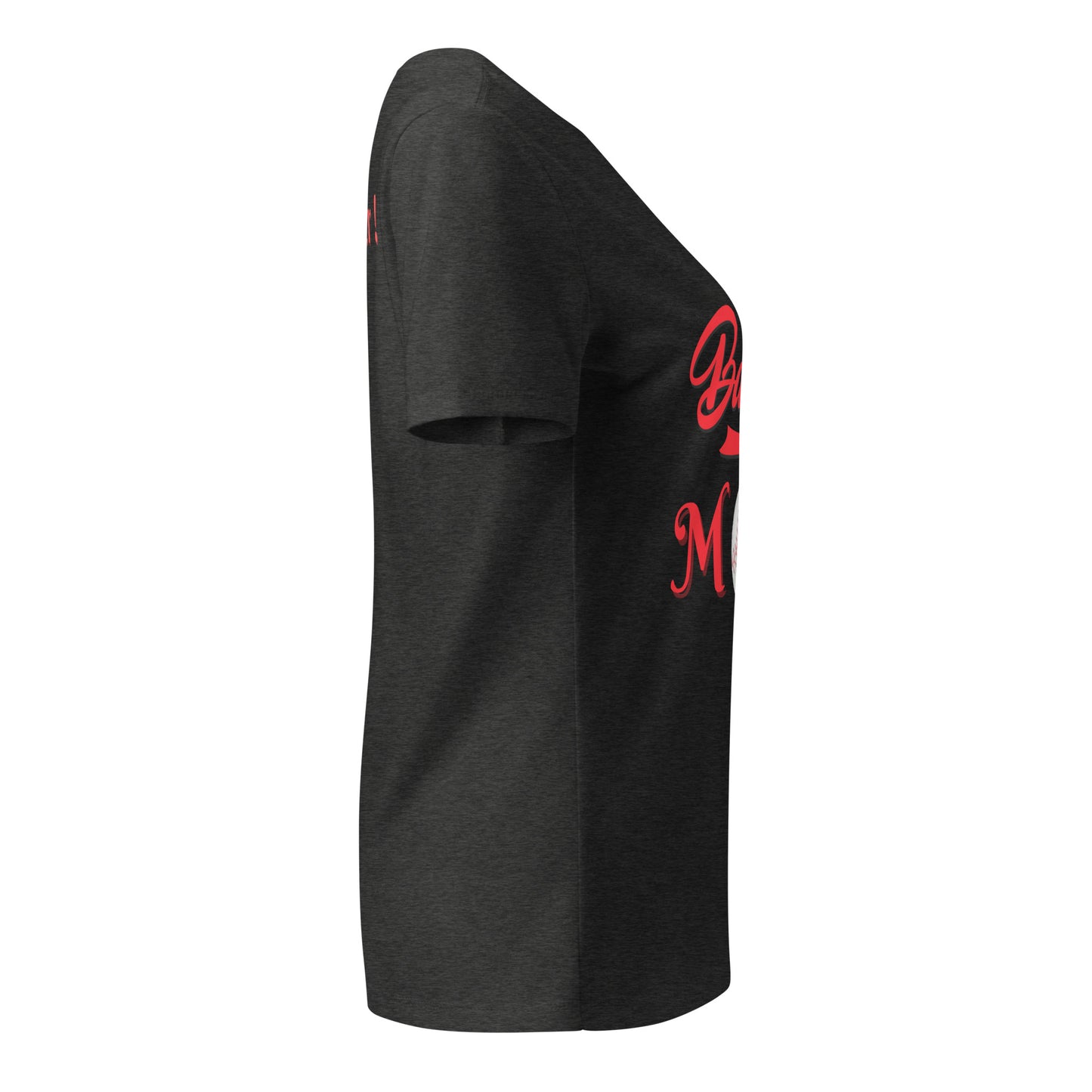 Left side view of dark heather v-neck t-shirt showing red "Baseball M" print curving playfully