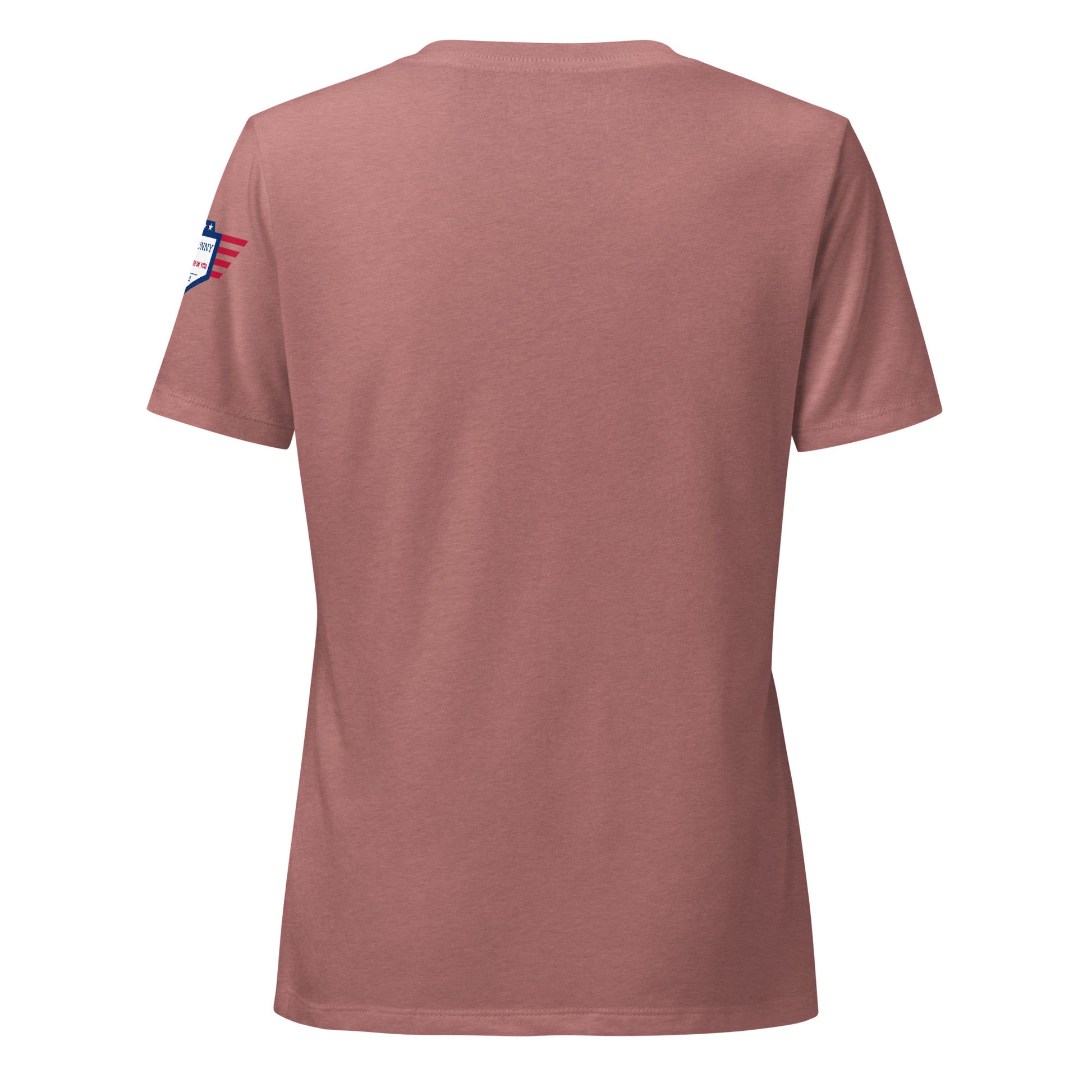 Back view of plain heather mauve relaxed v-neck tee with USA flag sleeve patch