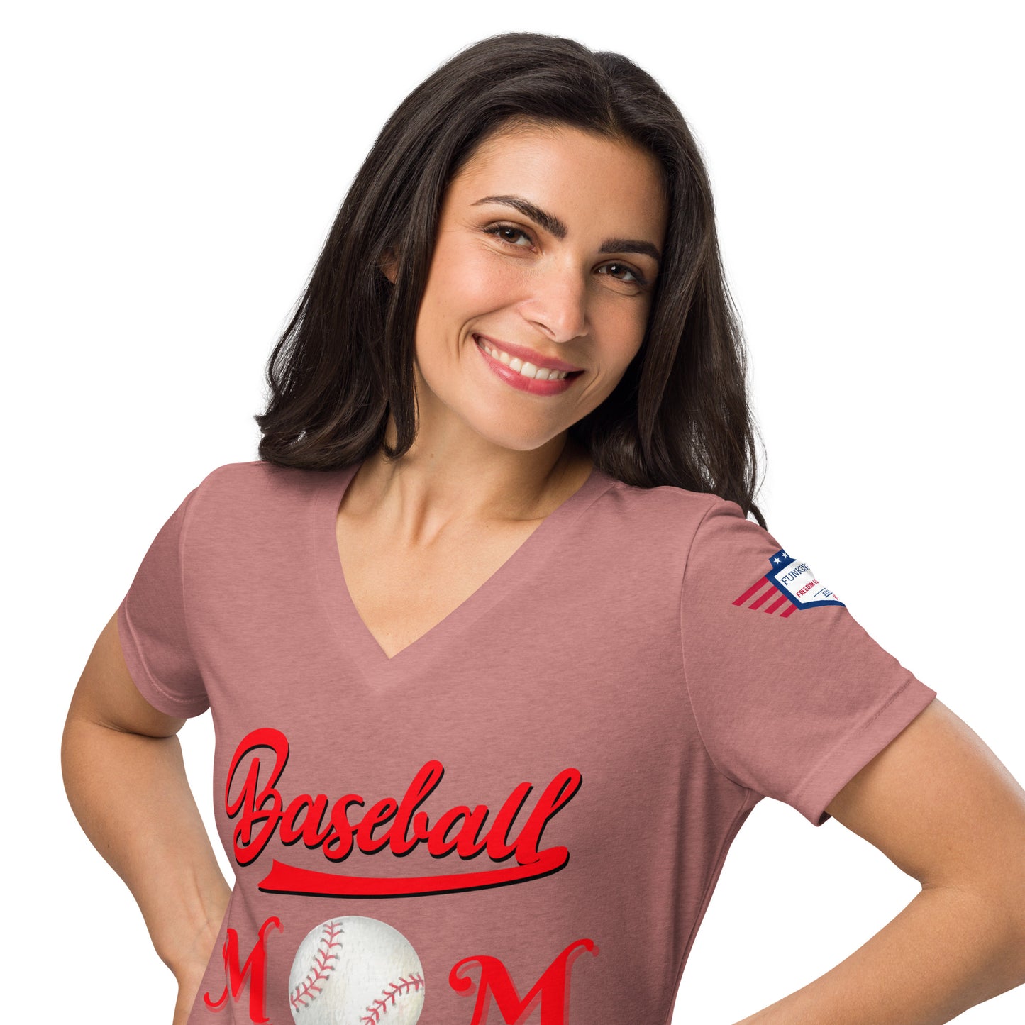 Model in mauve v-neck Baseball Mom t-shirt, relaxed stance with red lettering and baseball details
