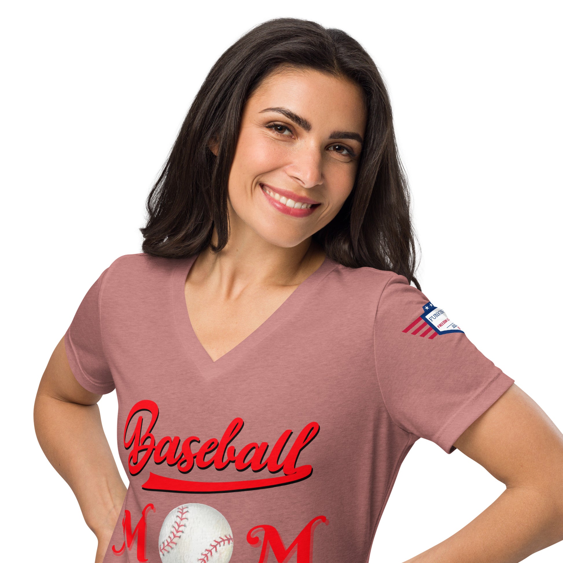 Model in mauve v-neck Baseball Mom t-shirt, relaxed stance with red lettering and baseball details