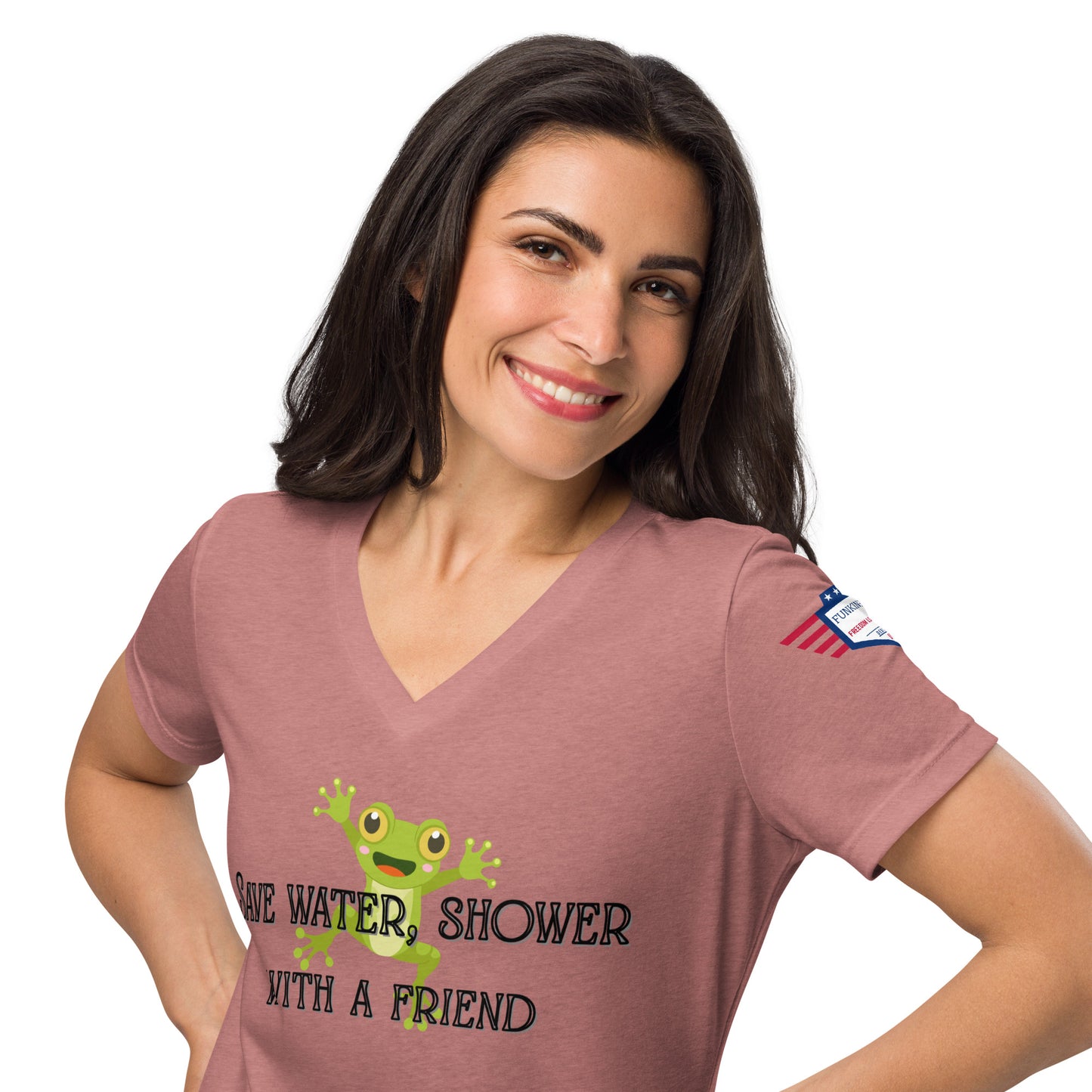 Smiling woman models front of heather mauve v-neck tee with green frog and full "Save Water, Shower with a Friend" text