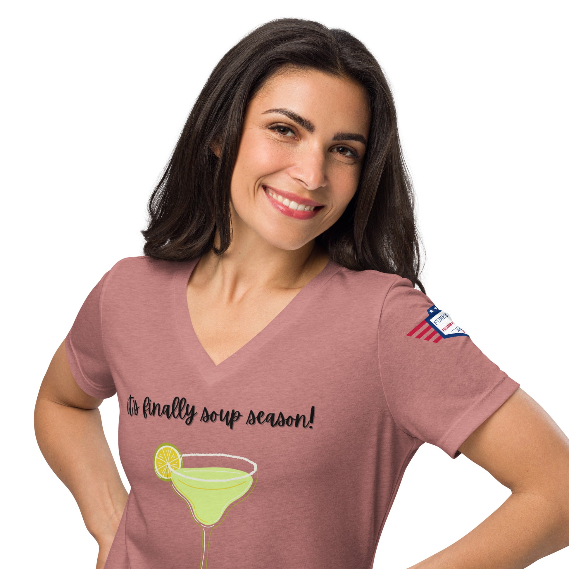 Smiling model in heather mauve v-neck tee rocking "it's finally soup season!" front print and USA patch