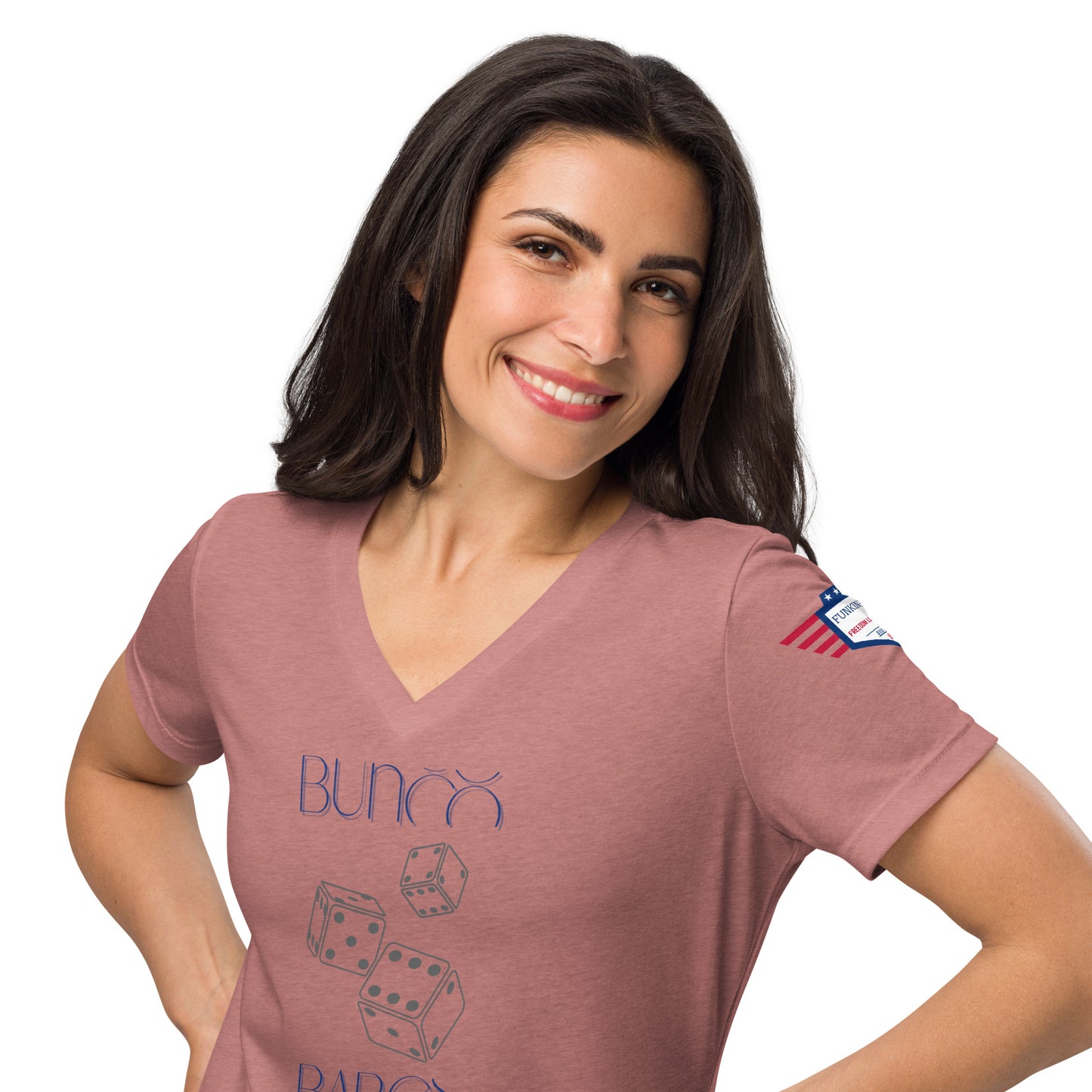Model turning to show heather mauve v-neck tee back "You're going down next round!" print