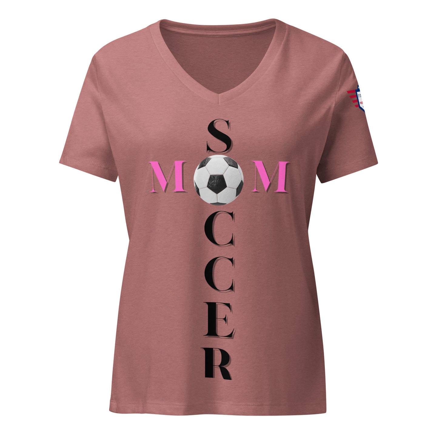 Front view of heather mauve v-neck tee on model, pink "SOCCER MOM" print and white soccer ball
