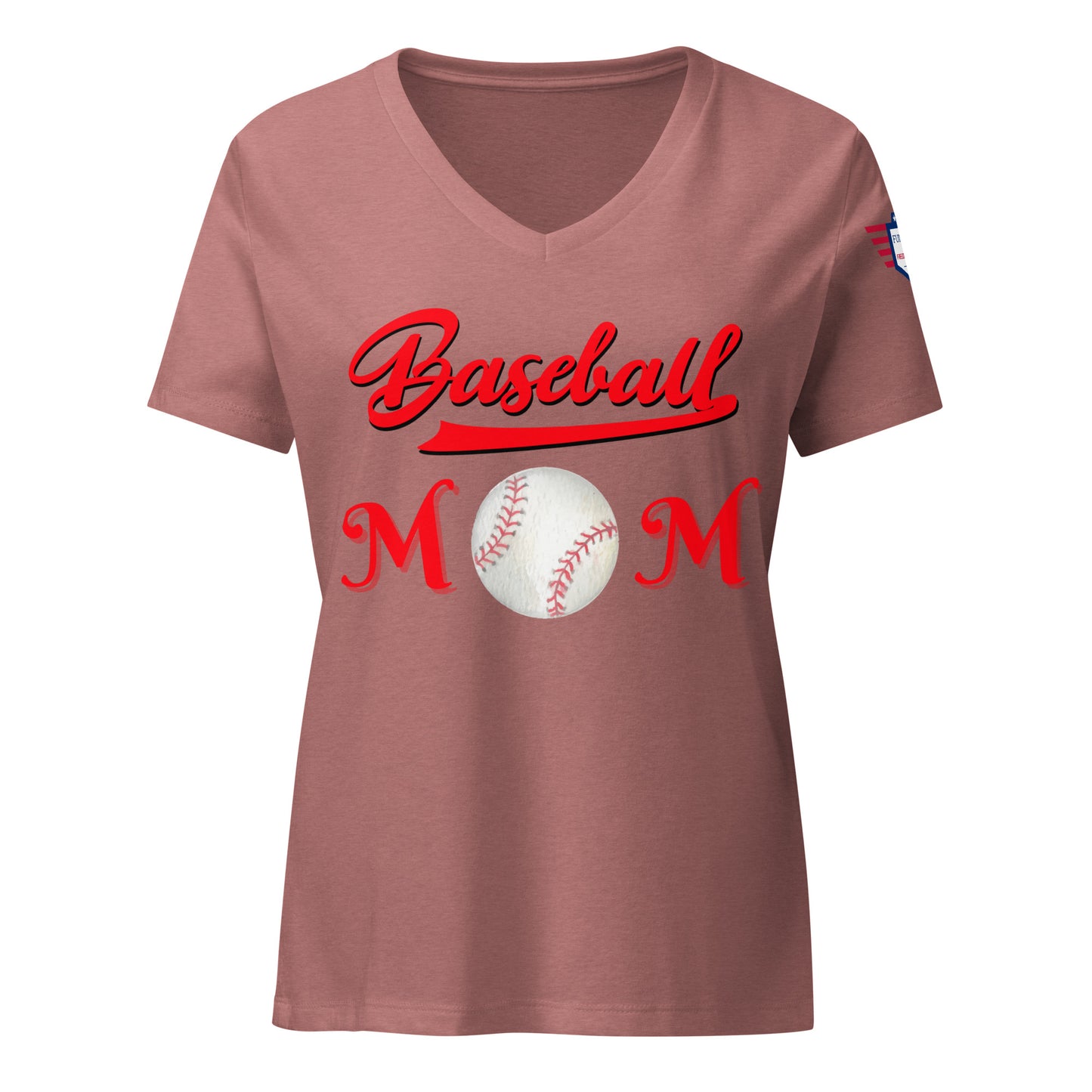 Front view of heather mauve Baseball Mom v-neck t-shirt, sassy red print with stitched baseballs
