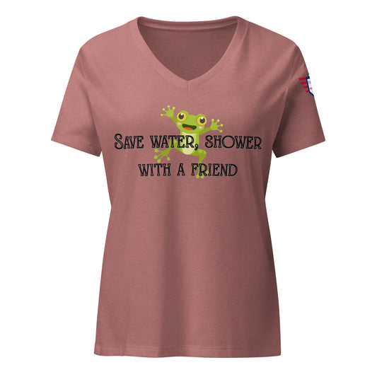 Front view of heather mauve v-neck tee with green waving frog and black "Save Water, Shower with a Friend" text