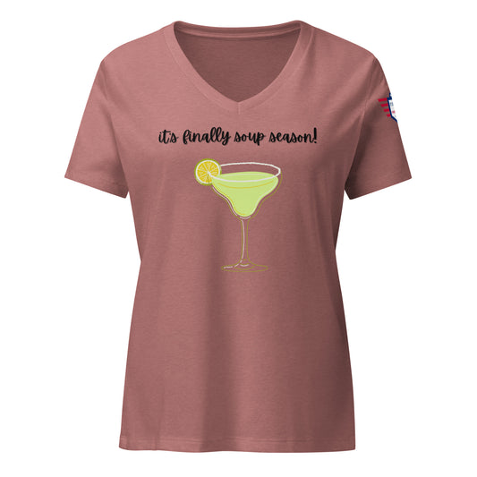 Heather mauve relaxed v-neck tee front, black cursive "it's finally soup season!" over lime margarita glass graphic