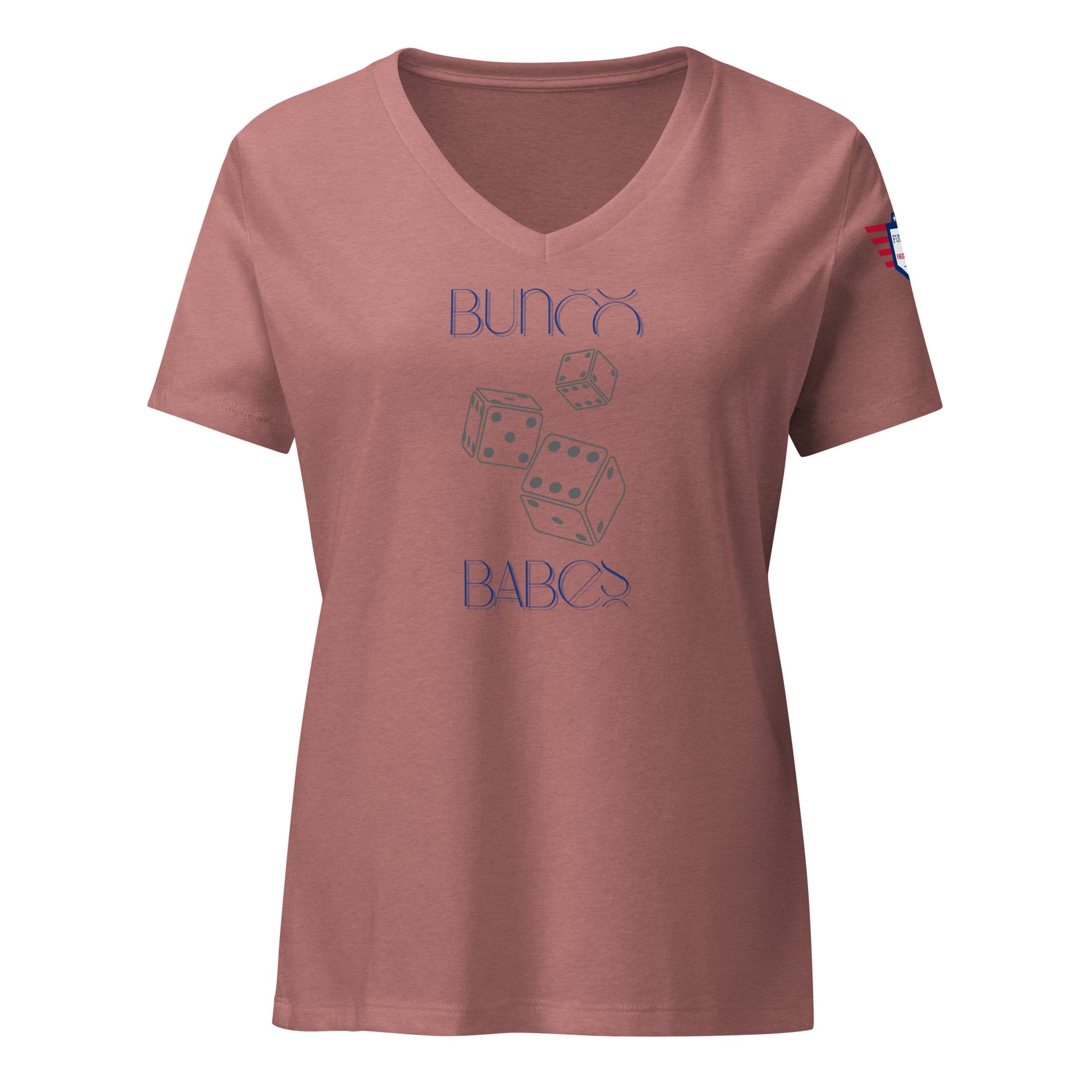 Front view of heather mauve v-neck t-shirt with blue wavy "Bunco Babes" print and floating dice graphics