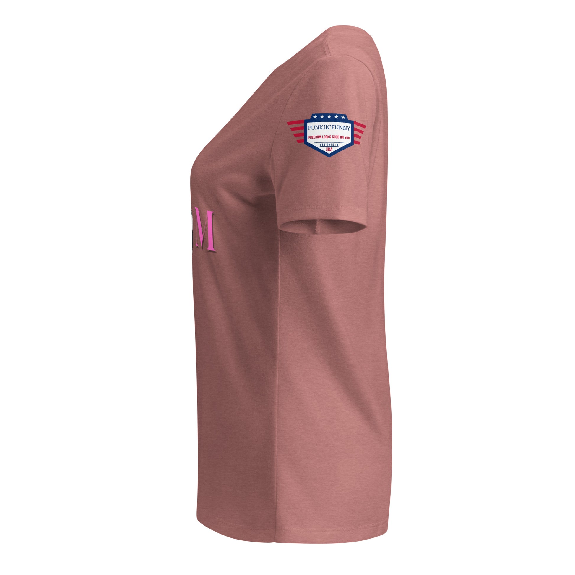 Right side view of heather mauve v-neck tee on model, pink M and USA flag sleeve patch